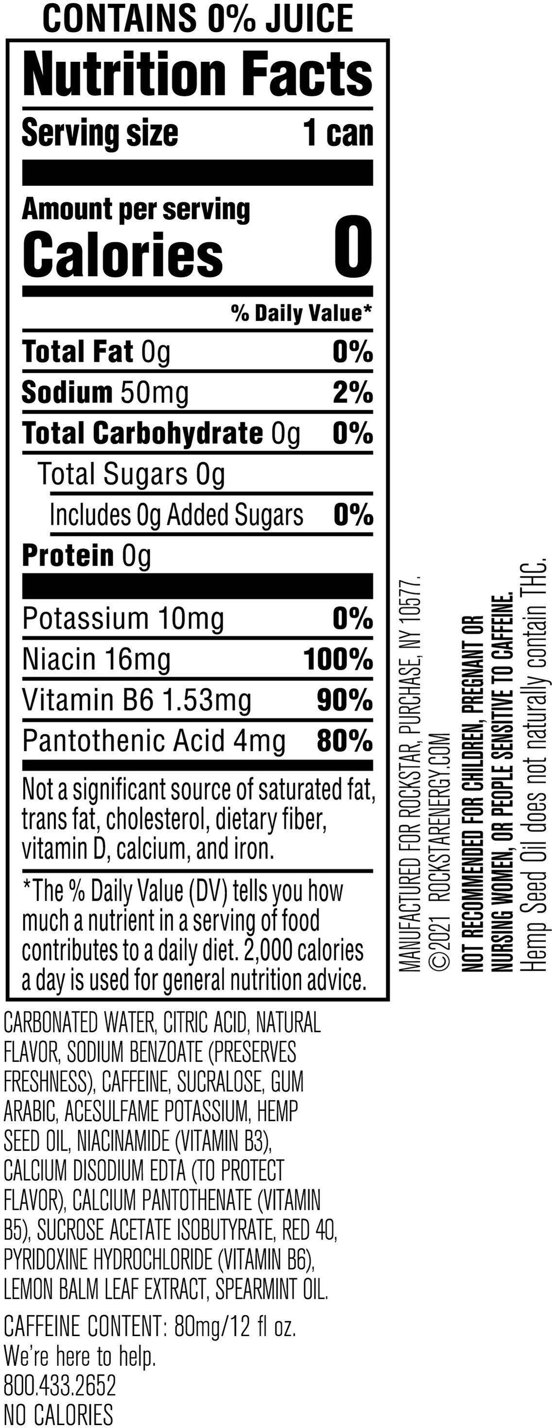 Image describing nutrition information for product Rockstar Unplugged Raspberry Cucumber