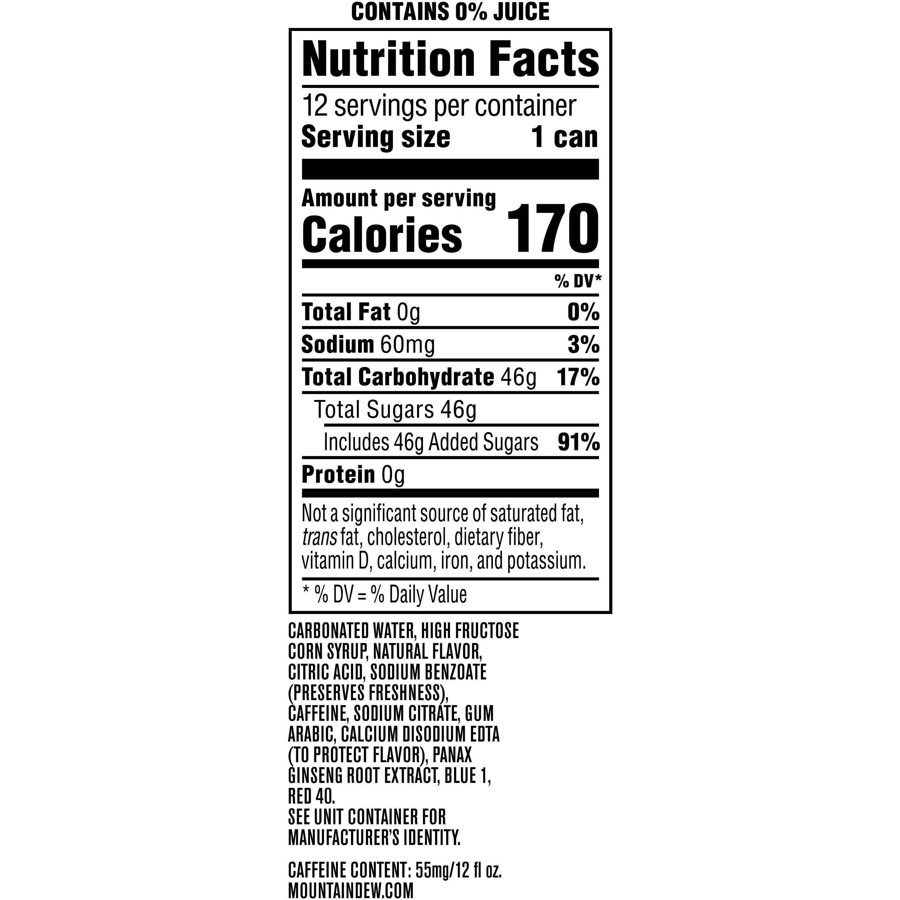 Image describing nutrition information for product Mtn Dew Voltage Raspberry Citrus (2/12 Packs)