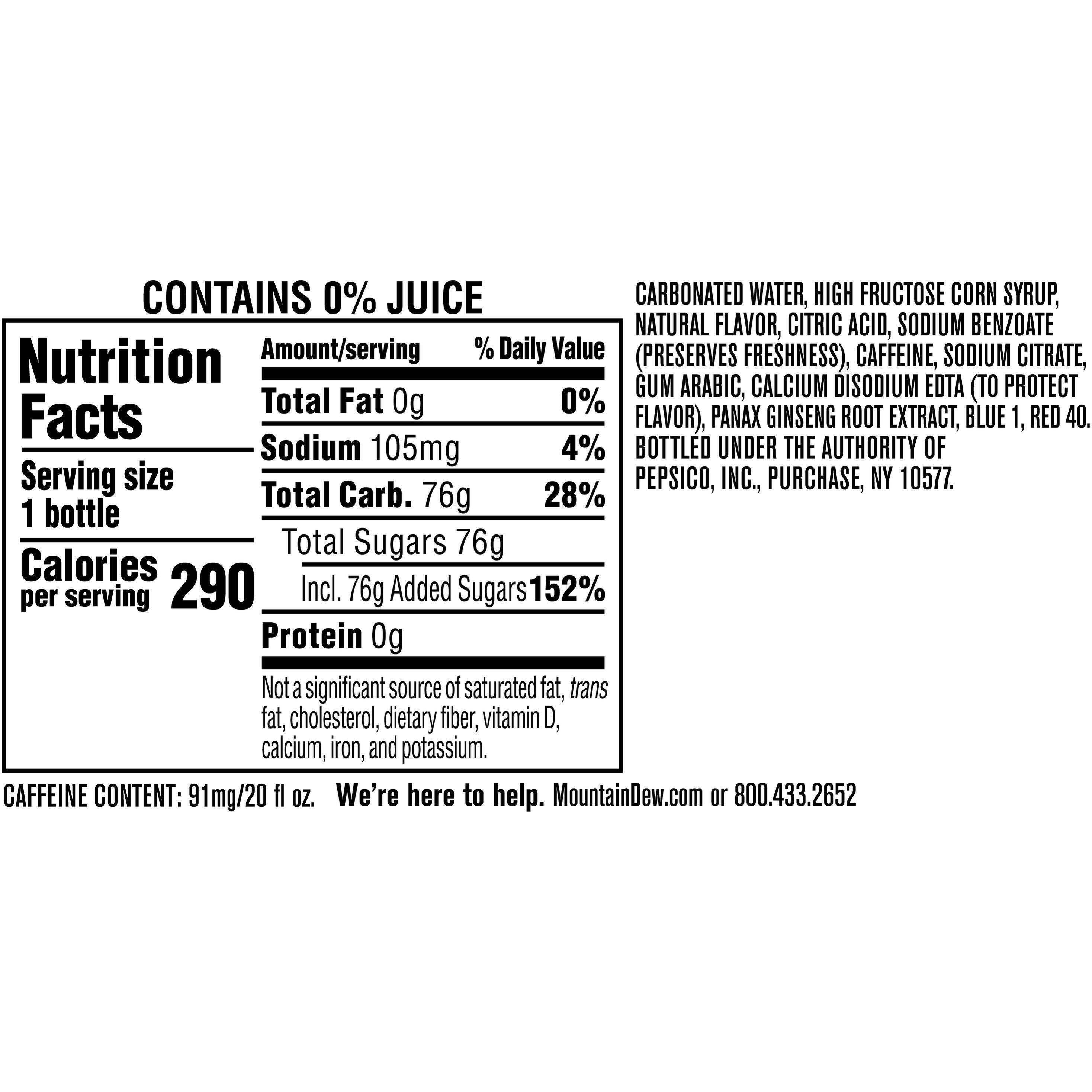 Image describing nutrition information for product Mtn Dew Voltage Raspberry Citrus