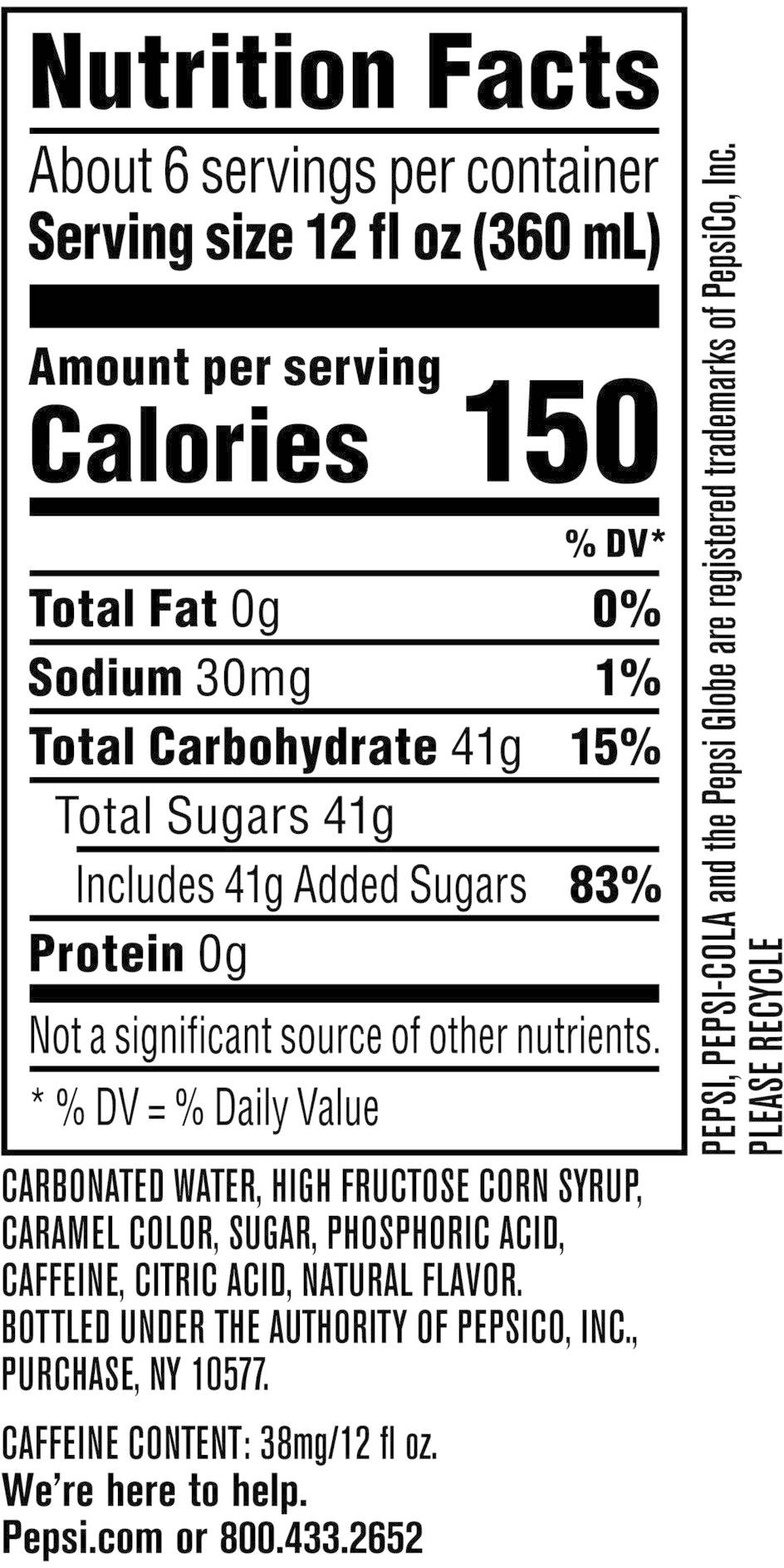 Image describing nutrition information for product Pepsi (PRP)