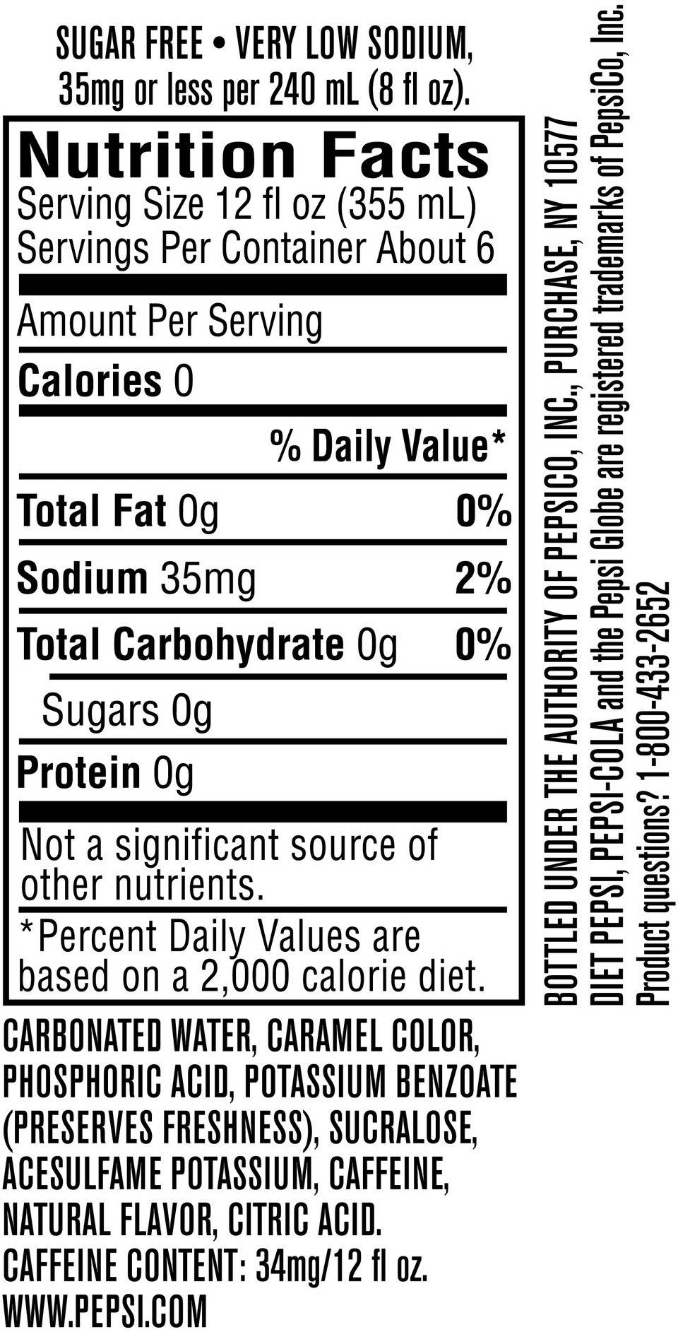 Image describing nutrition information for product Diet Pepsi (PRP)