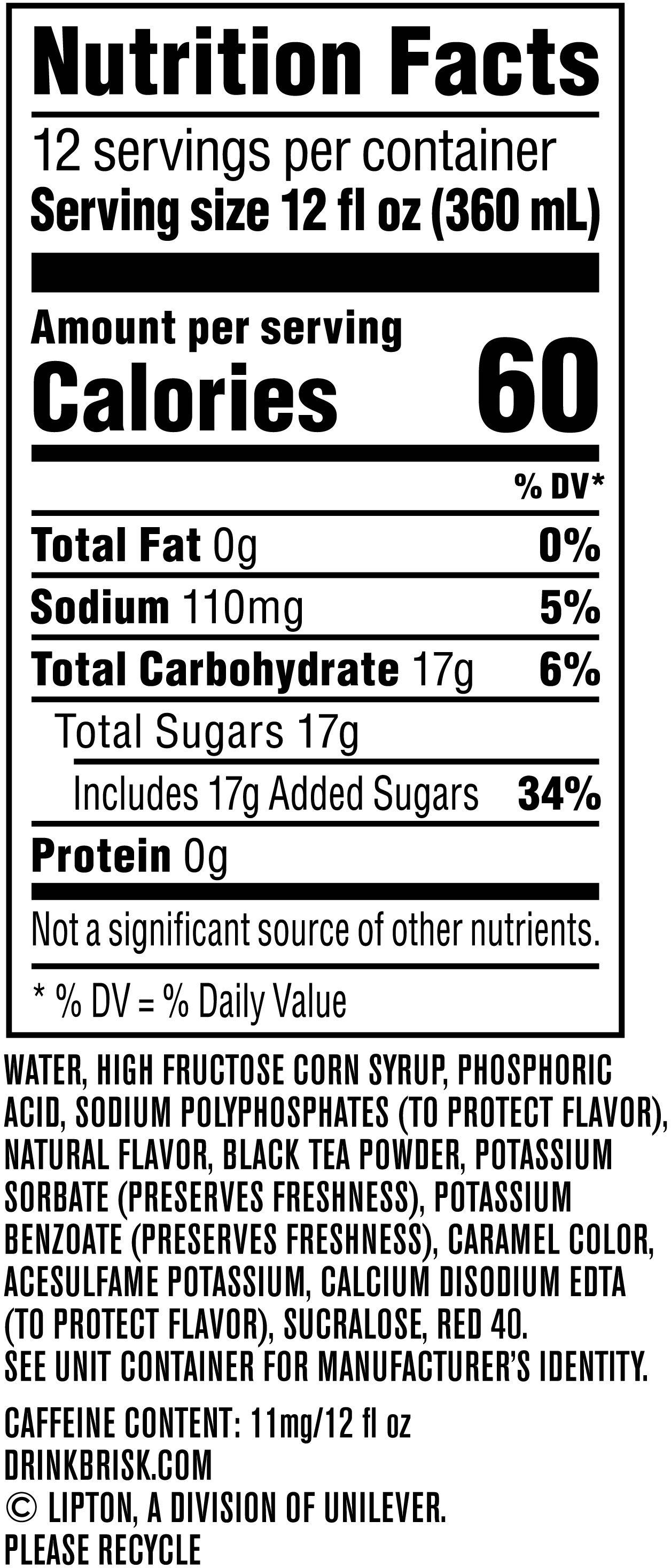 Image describing nutrition information for product Brisk Sweet Tea (2/12 Packs)