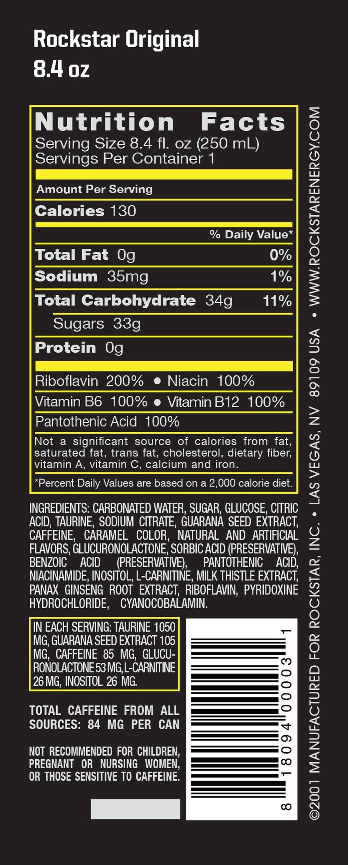 Image describing nutrition information for product Rockstar Energy