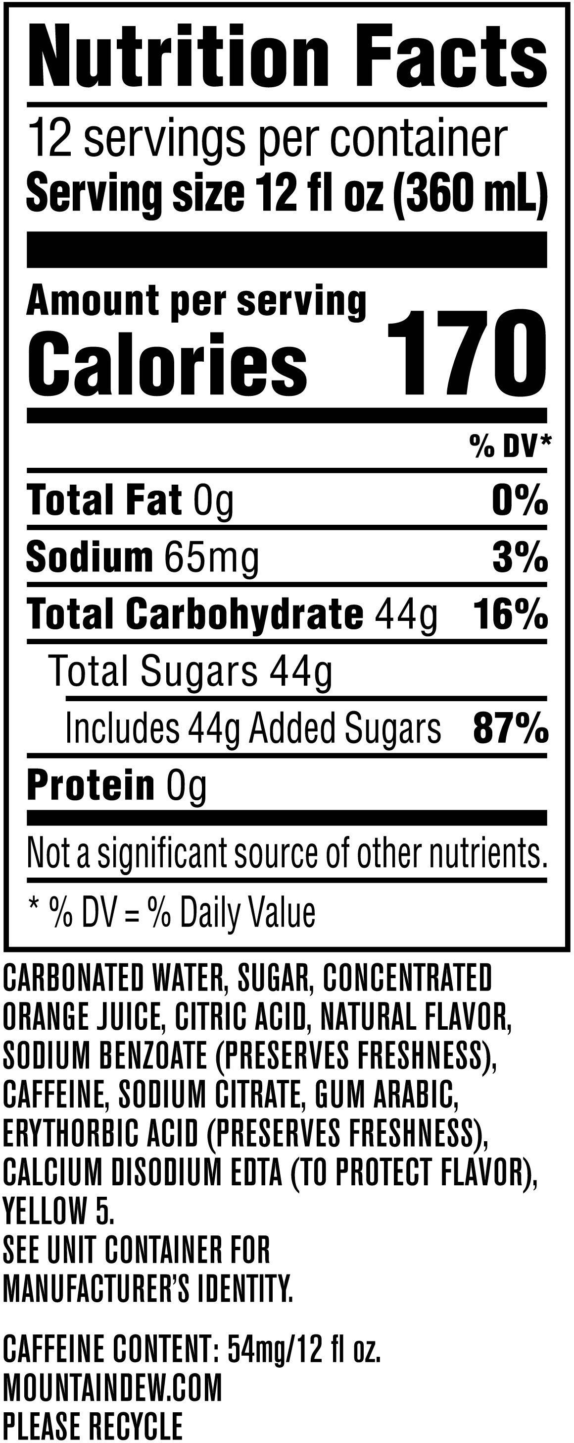 Image describing nutrition information for product Mtn Dew Made With Real Sugar (2/12 Packs)