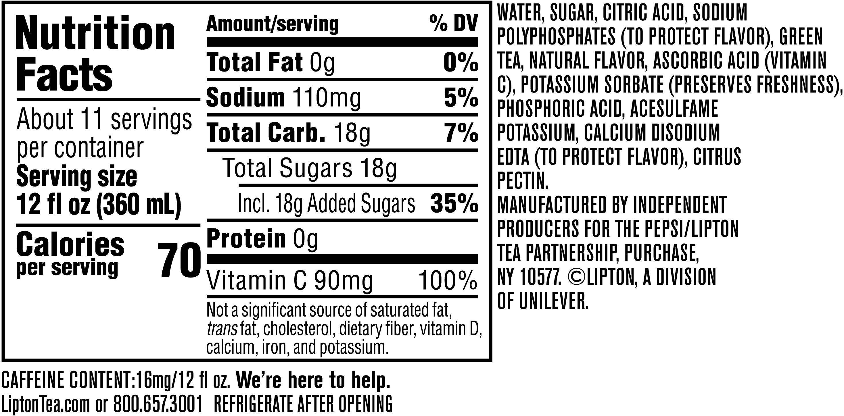 Image describing nutrition information for product Lipton Green Tea Citrus