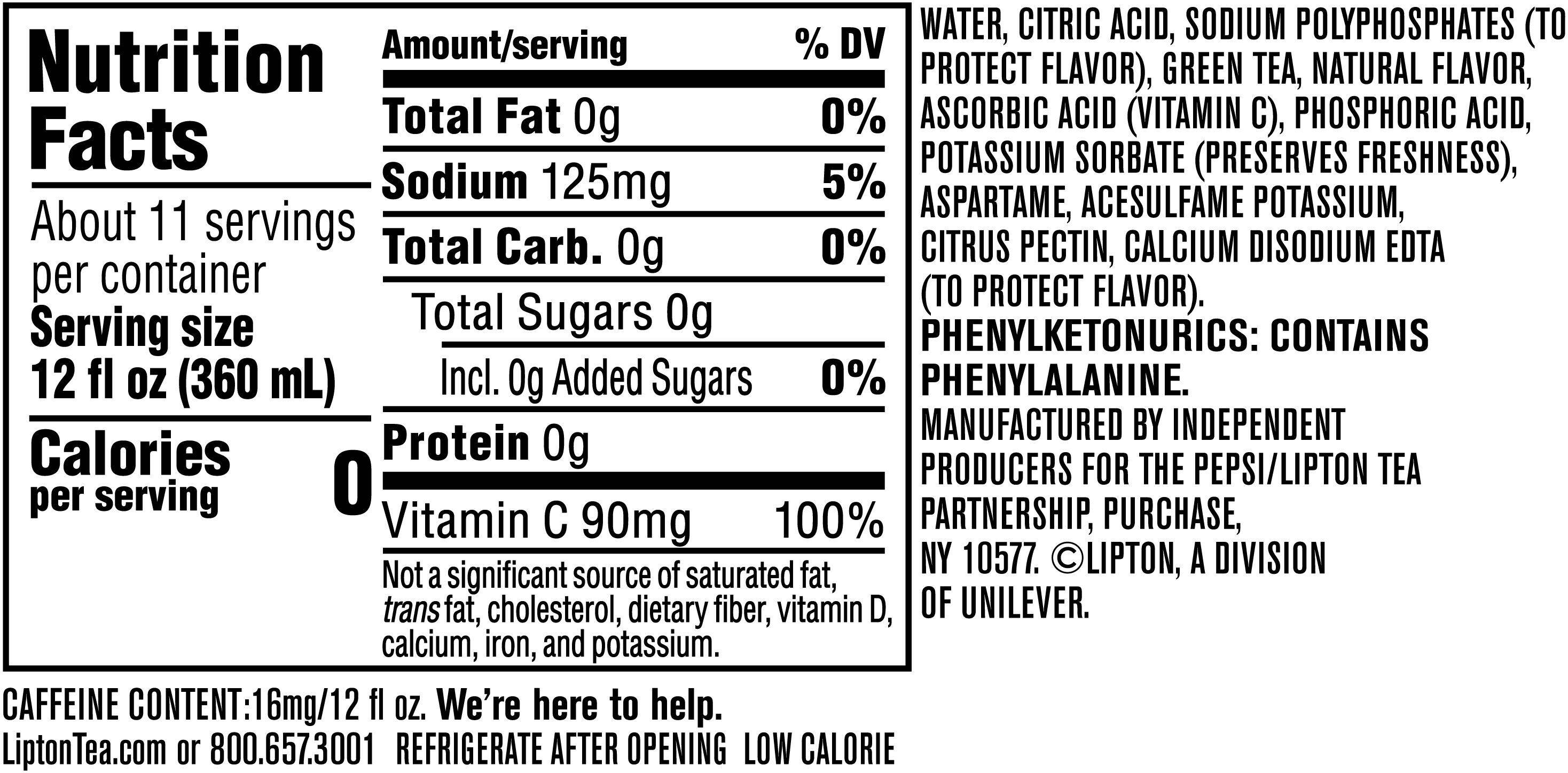 Image describing nutrition information for product Diet Lipton Green Tea Citrus