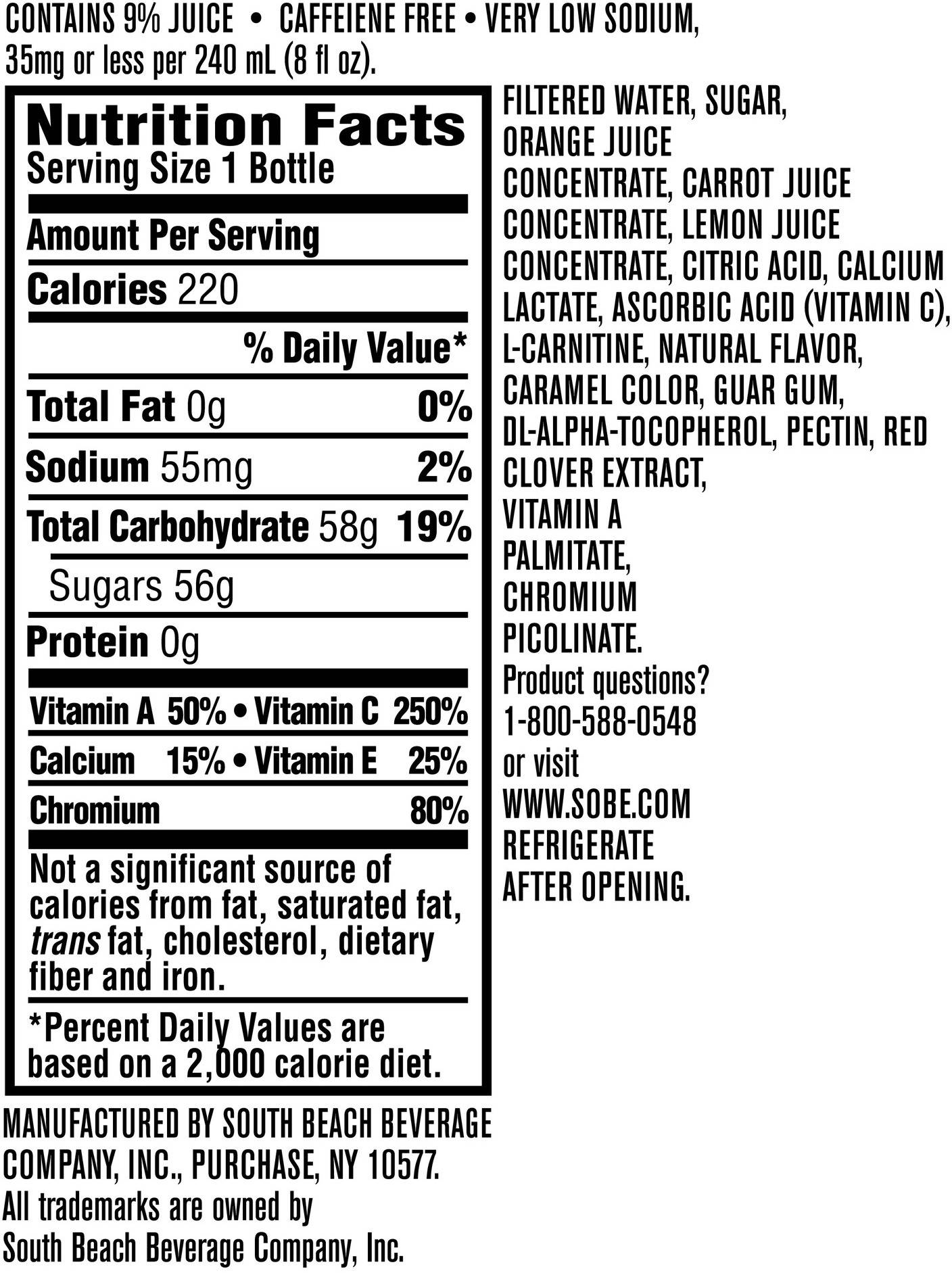Image describing nutrition information for product SoBe Orange Carrot (E-comm)