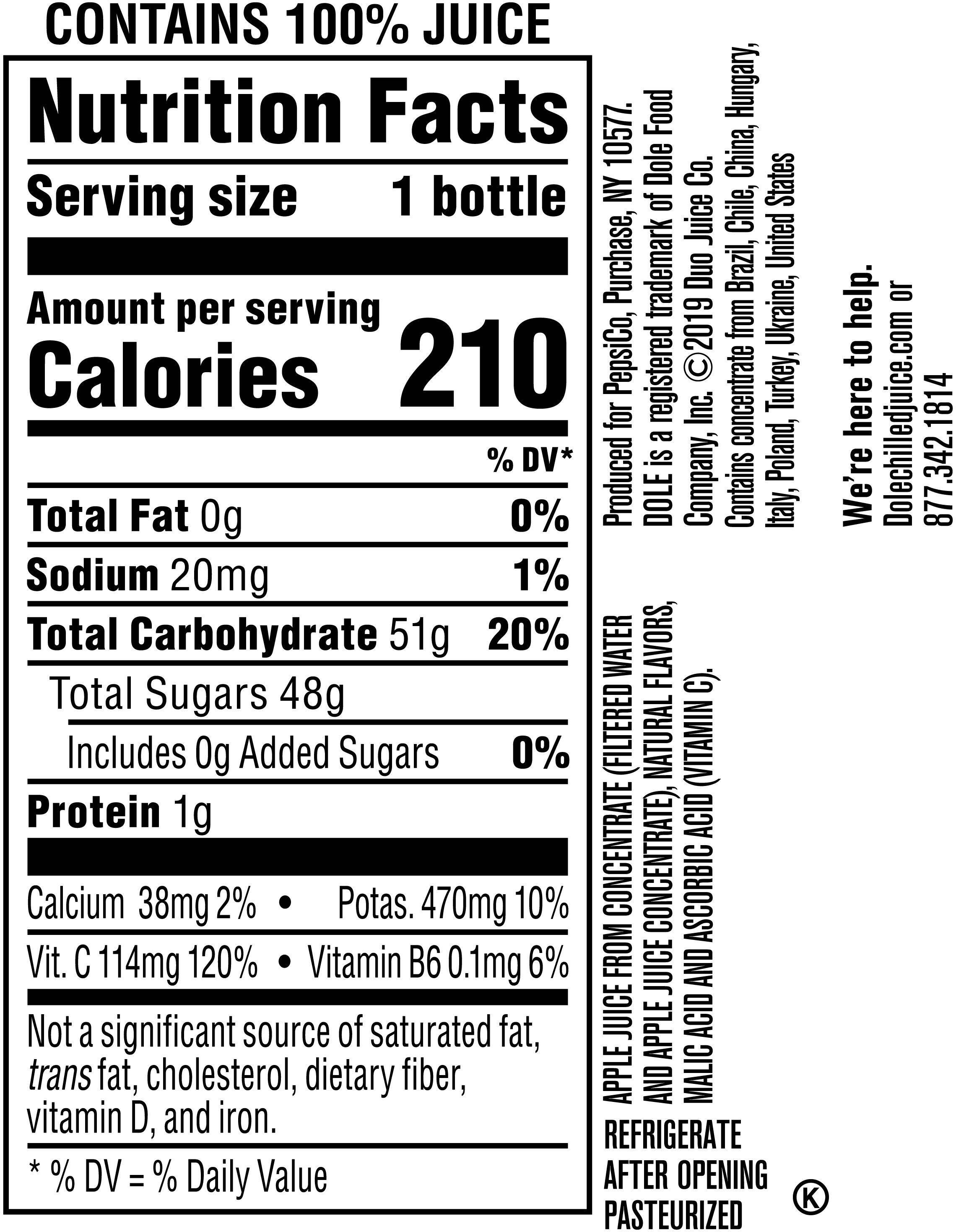 Image describing nutrition information for product Dole Apple 100% Juice