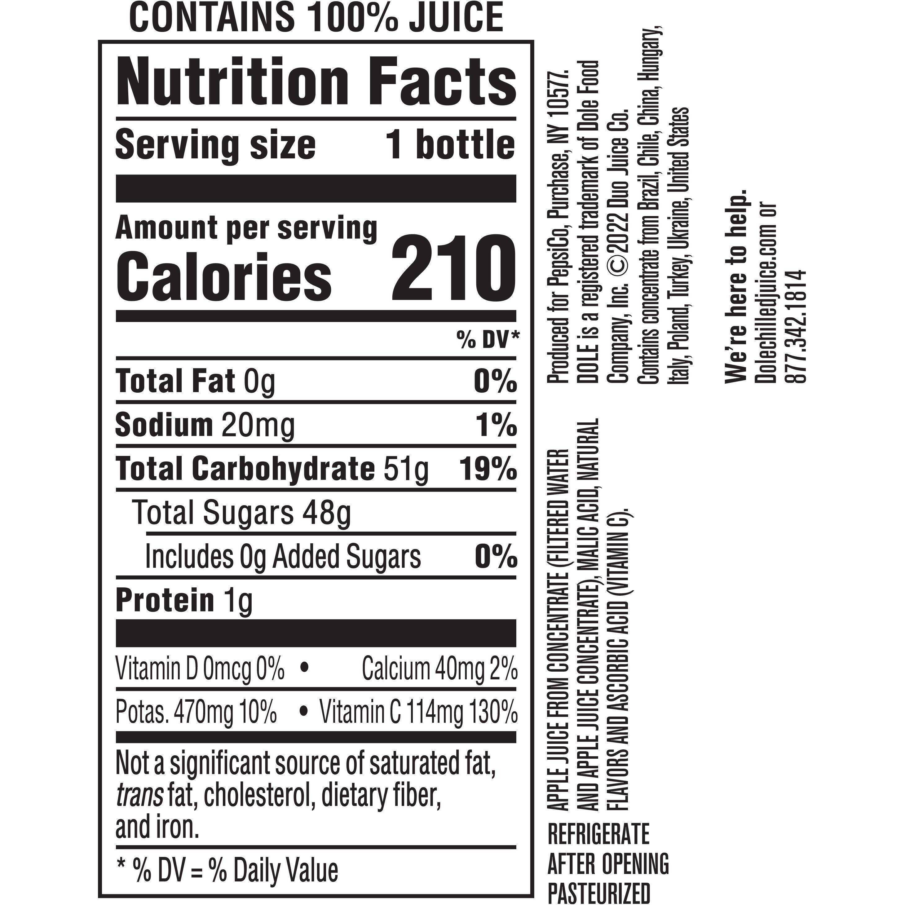 Image describing nutrition information for product Dole Apple 100% Juice