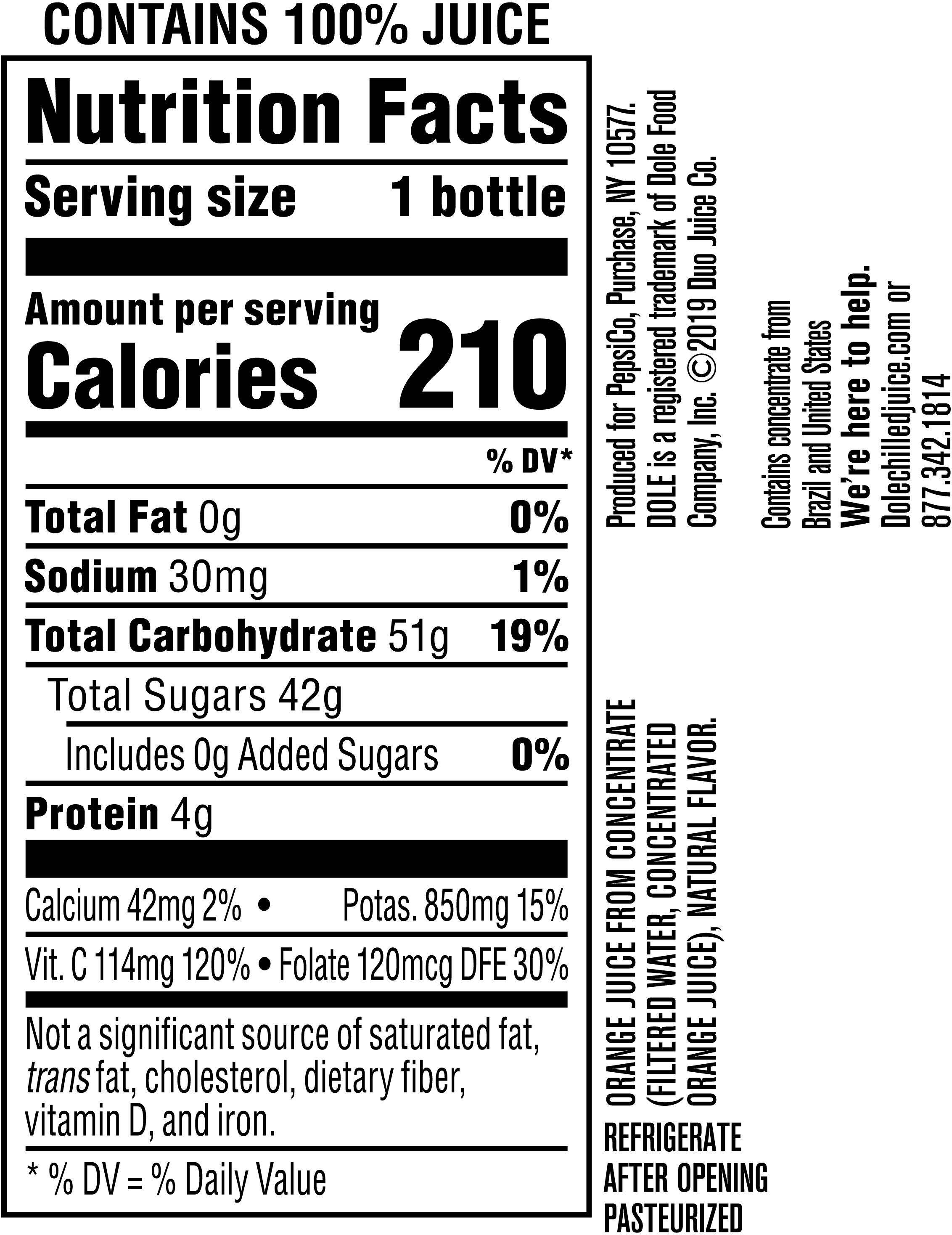 Image describing nutrition information for product Dole Orange Juice