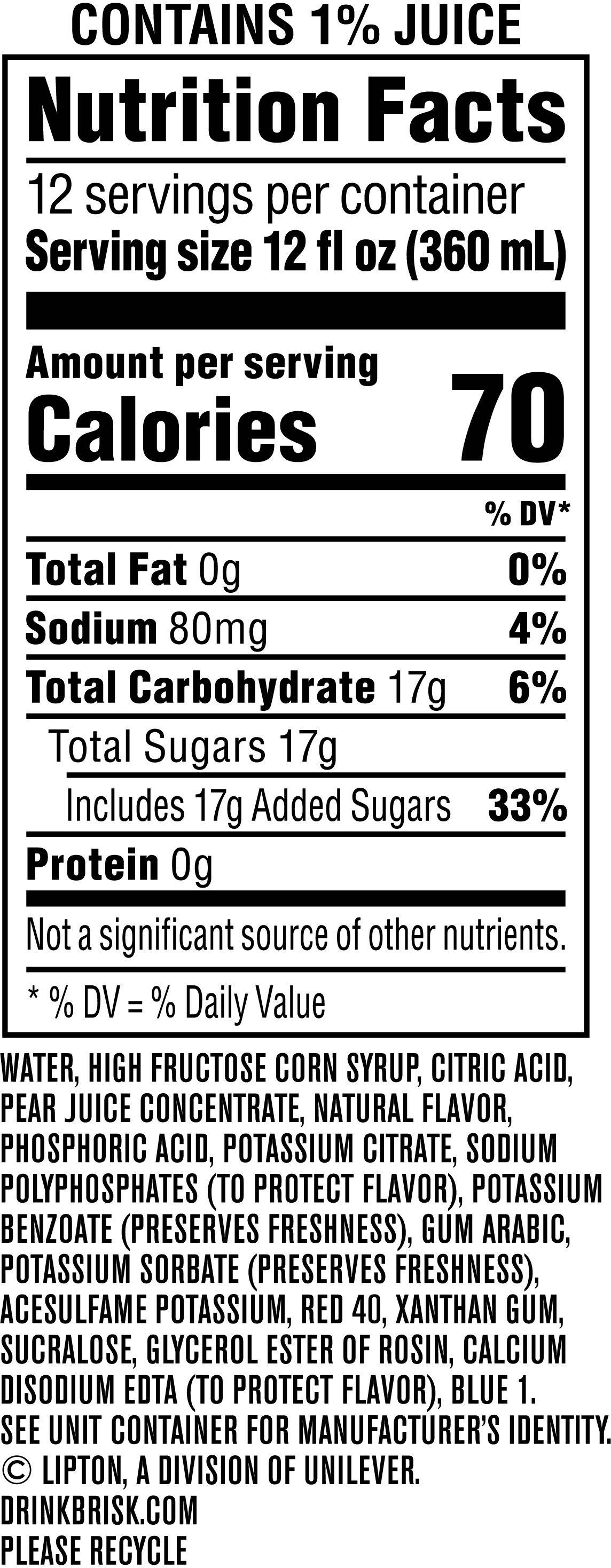 Image describing nutrition information for product Brisk Fruit Punch (2/12 Packs)
