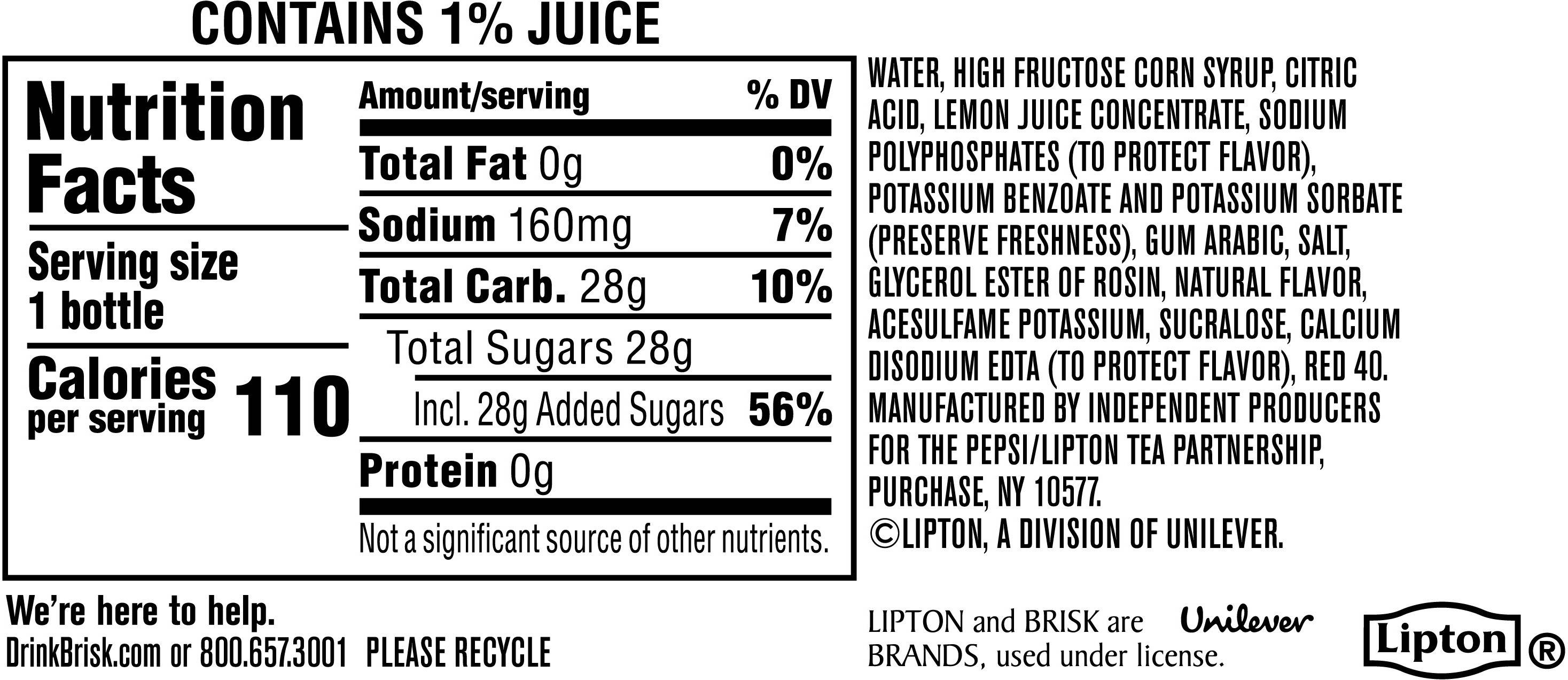 Image describing nutrition information for product Brisk Pink Lemonade