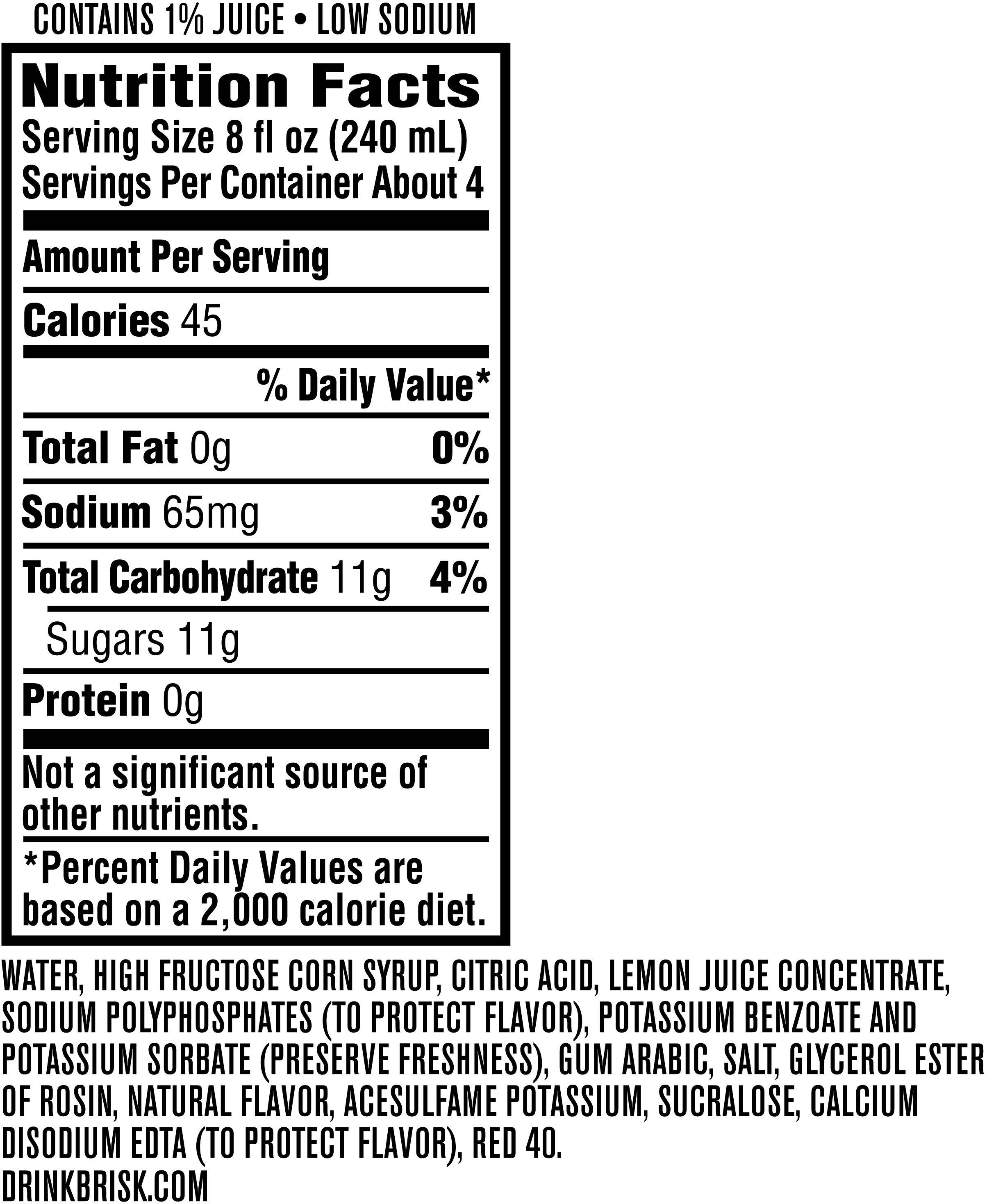 Image describing nutrition information for product Brisk Pink Lemonade Pre Priced