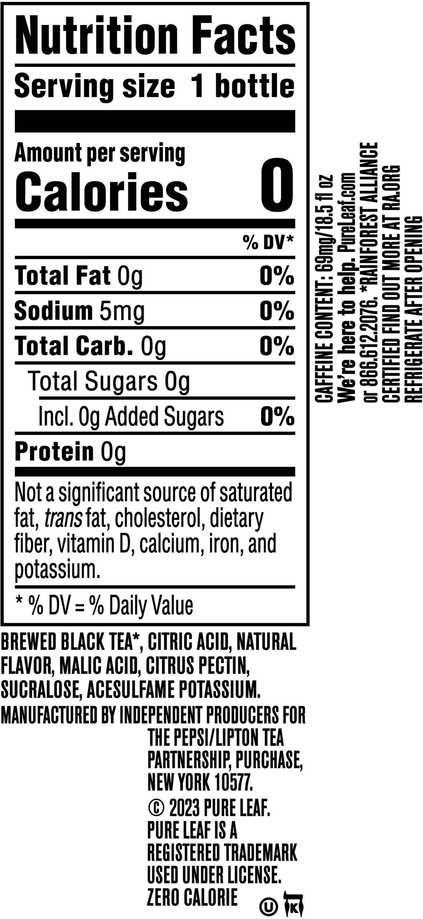 Image describing nutrition information for product Pure Leaf Zero Sugar Peach 