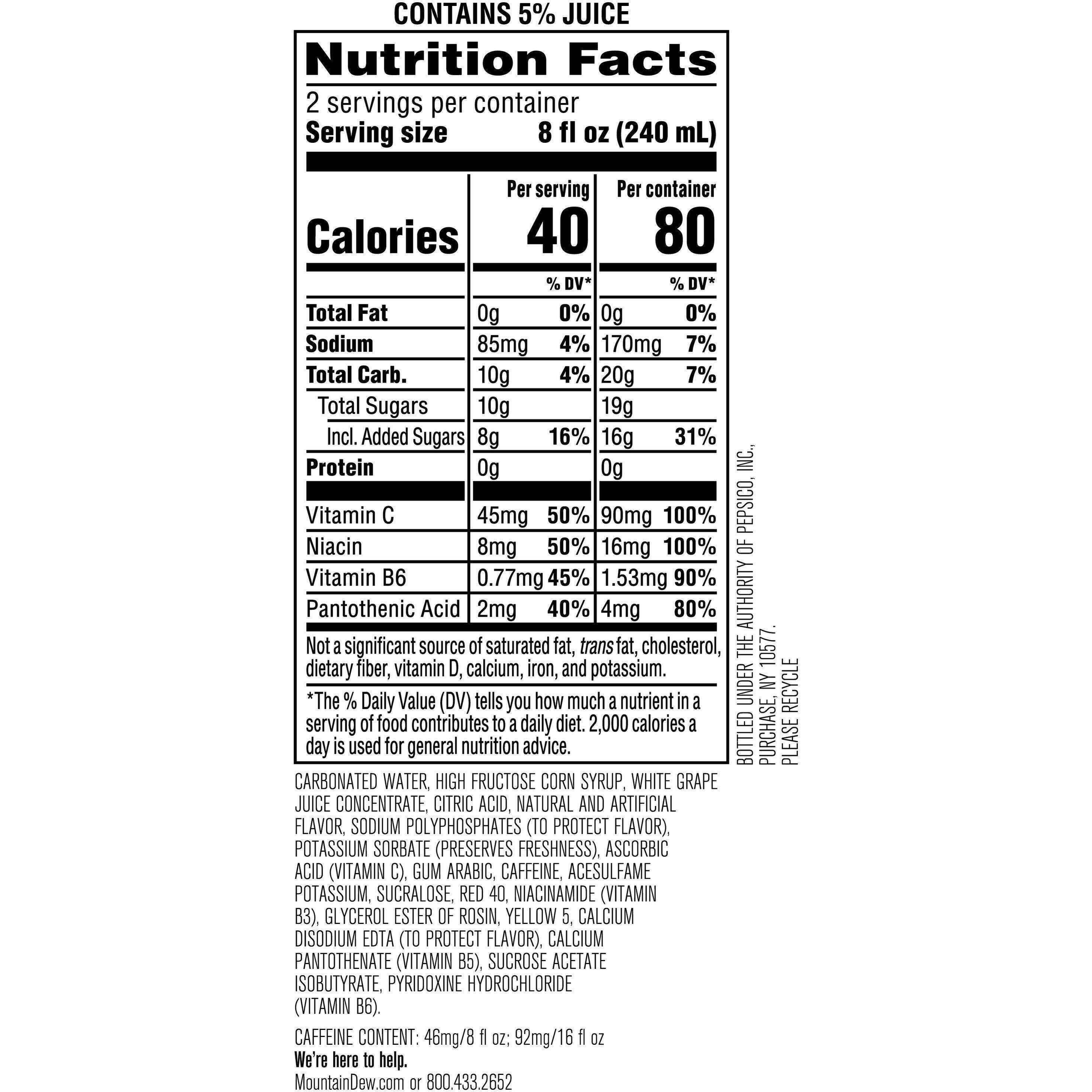 Image describing nutrition information for product Mtn Dew Kickstart Fruit Punch