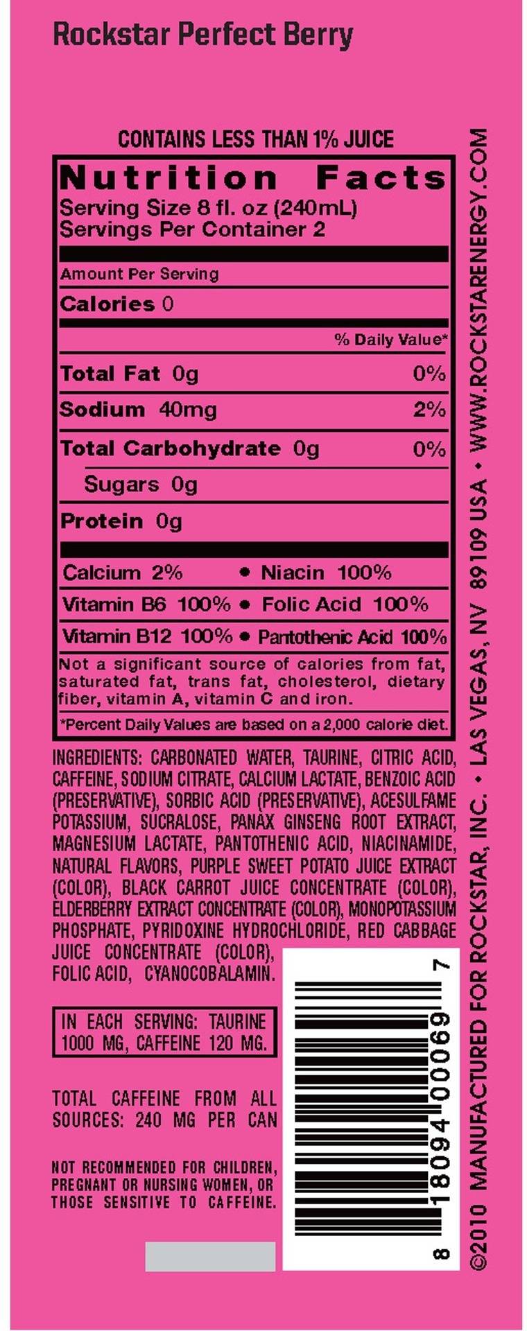 Image describing nutrition information for product Rockstar Perfect Berry