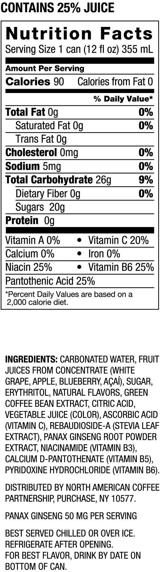 Image describing nutrition information for product Starbucks Refreshers Blueberry Acai