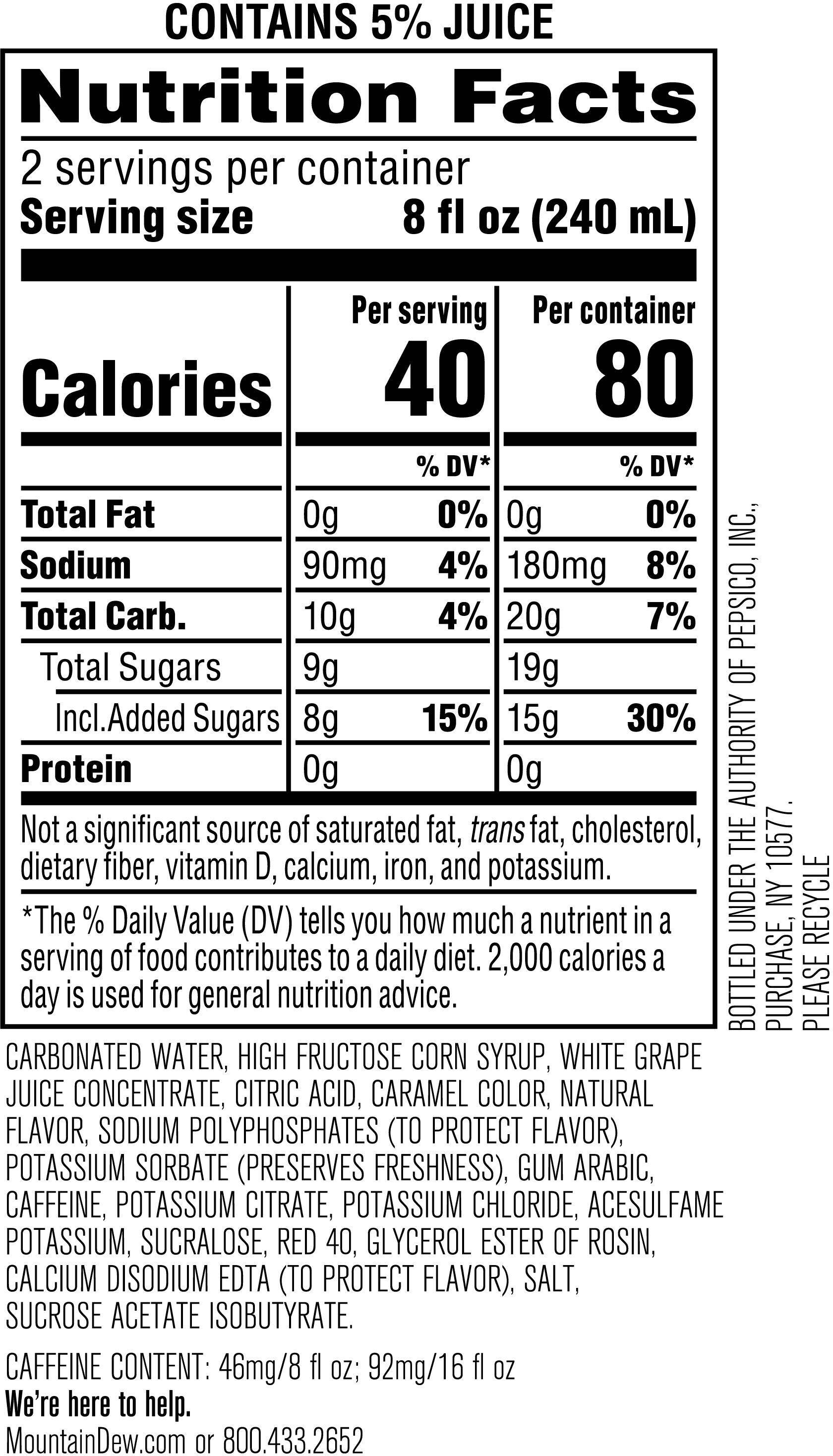 Image describing nutrition information for product Mtn Dew Kickstart Black Cherry