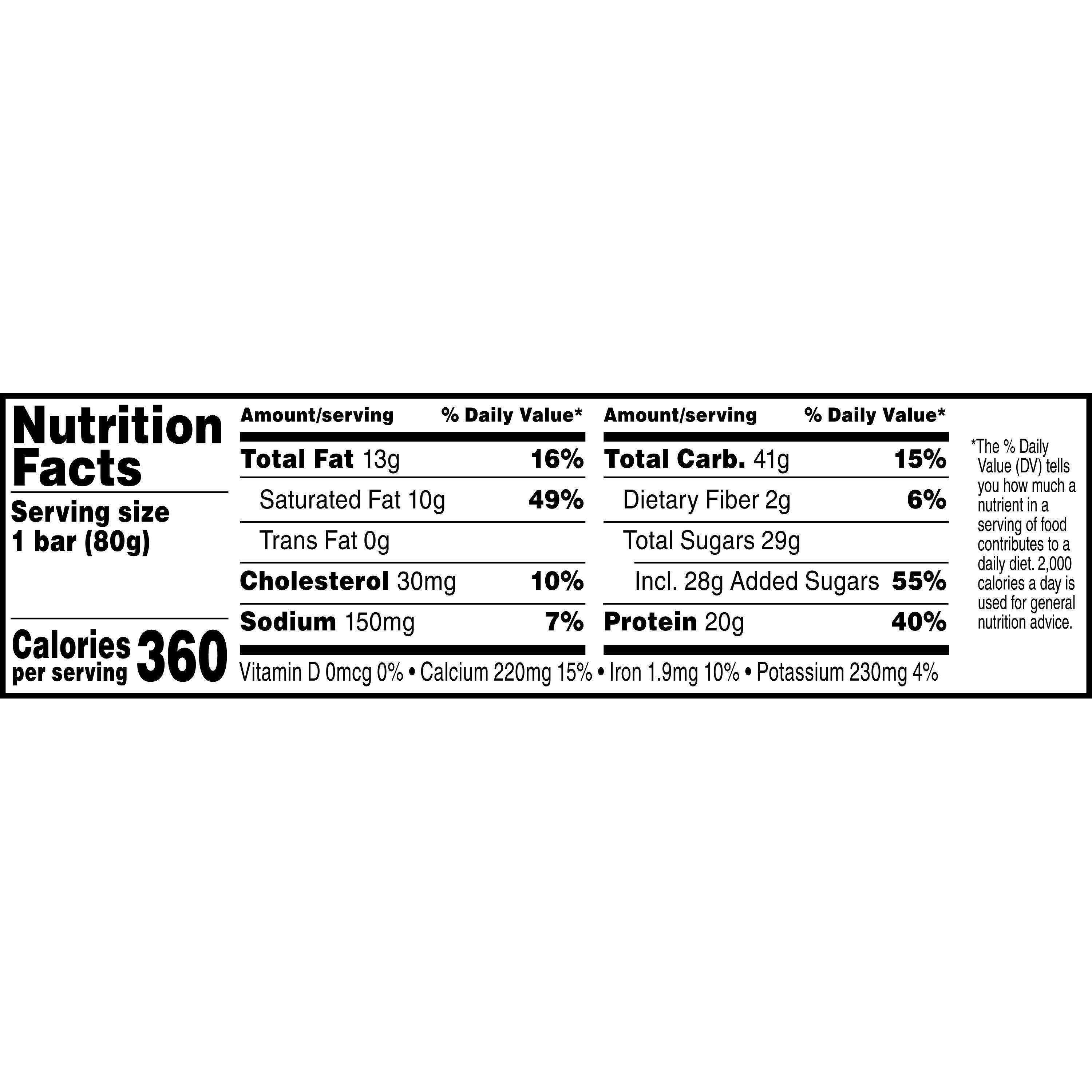 Image describing nutrition information for product Gatorade Recover Whey Protein Bar Chocolate Chip