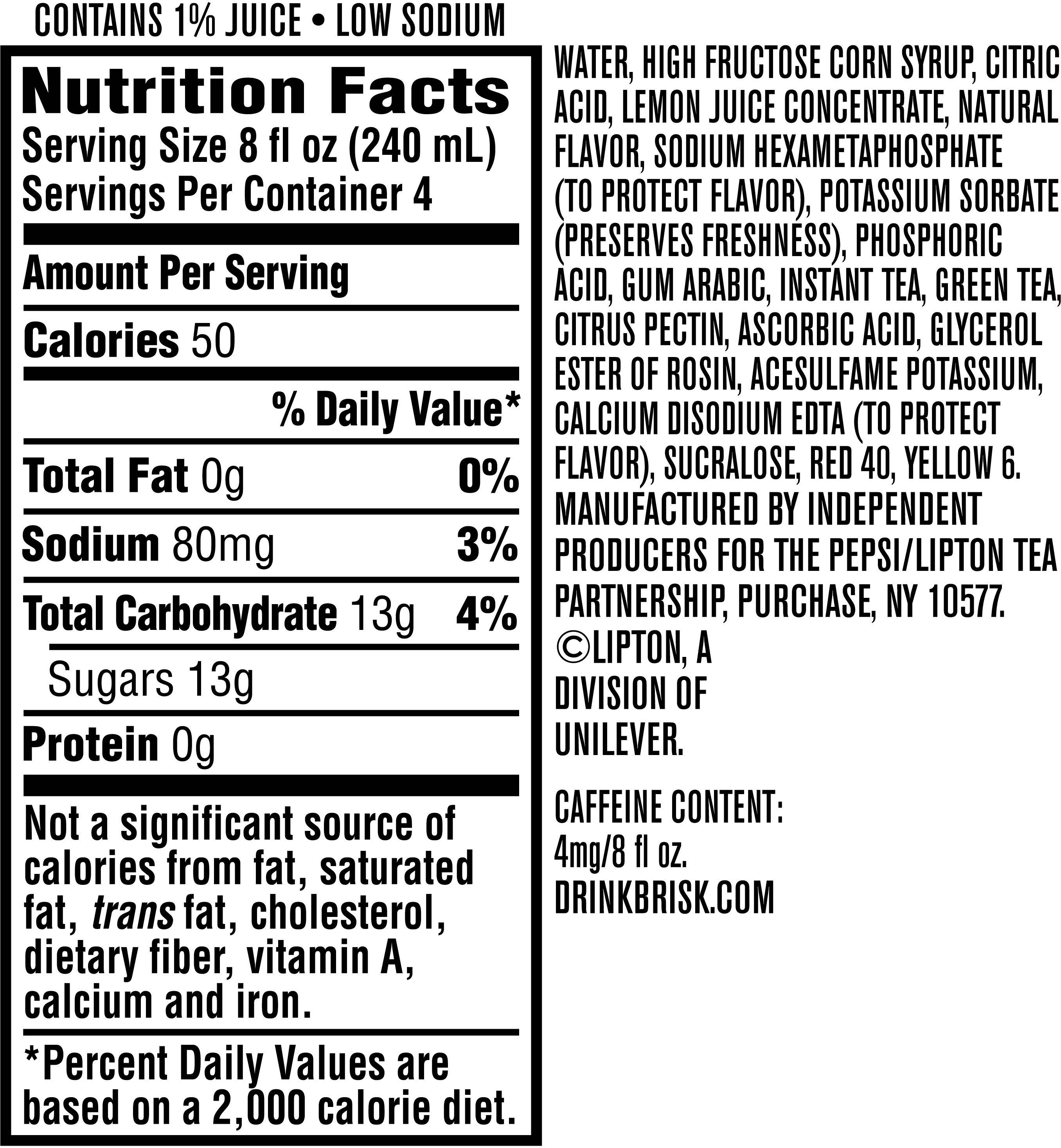 Image describing nutrition information for product Brisk Tea Tropical Lemonade