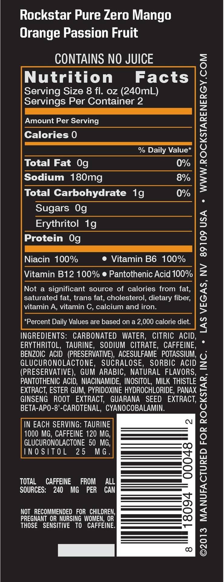 Image describing nutrition information for product Rockstar Pure Zero Mango Orange Passionfruit