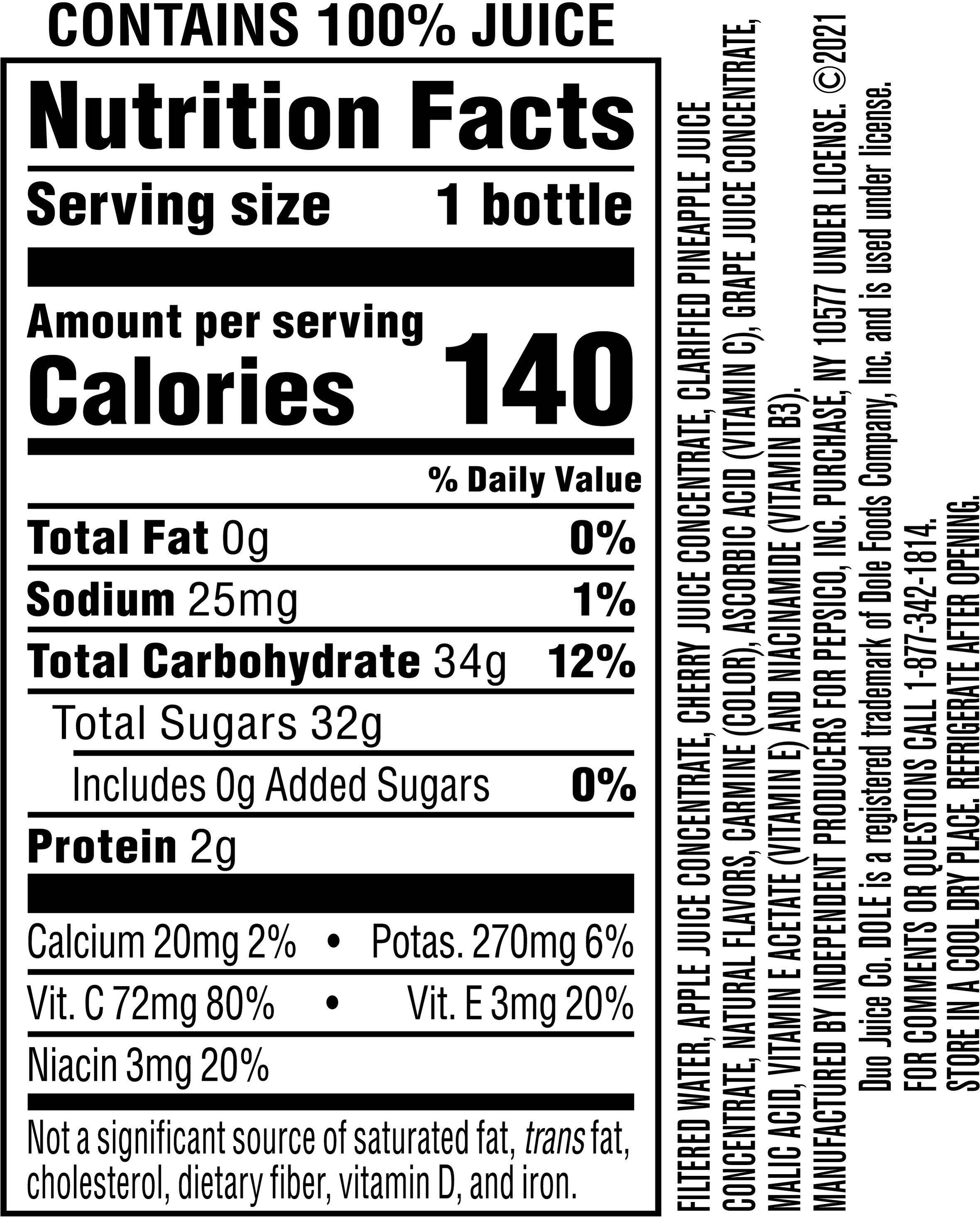 Image describing nutrition information for product Dole Tropical Fruit Punch