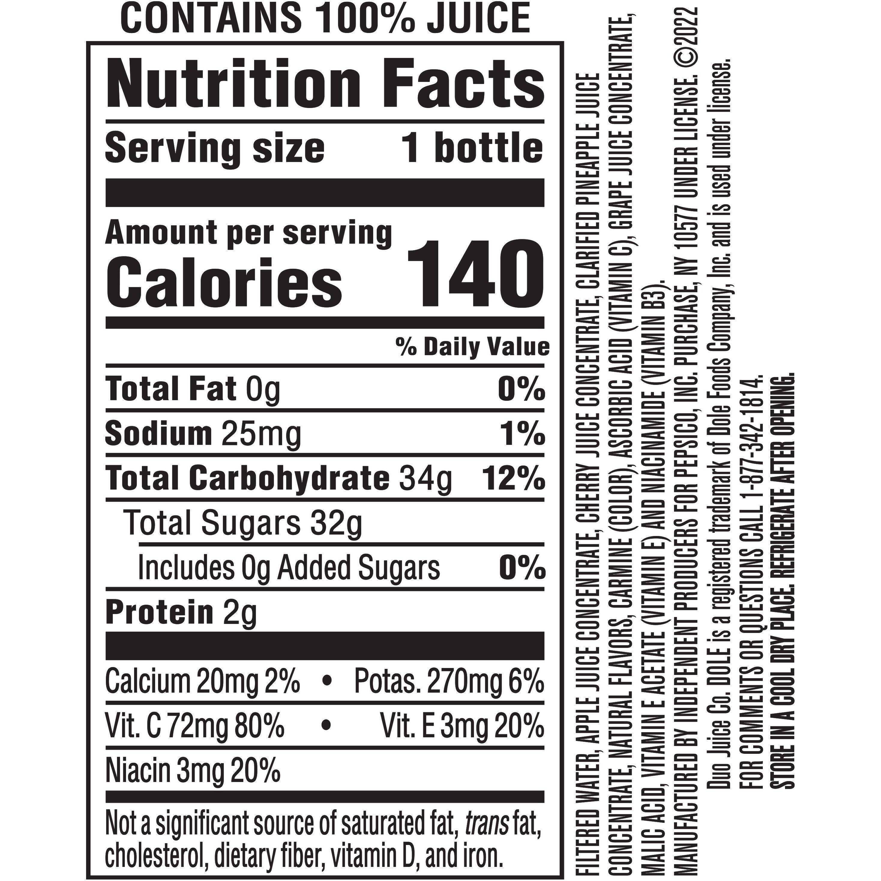 Image describing nutrition information for product Dole Tropical Fruit Punch