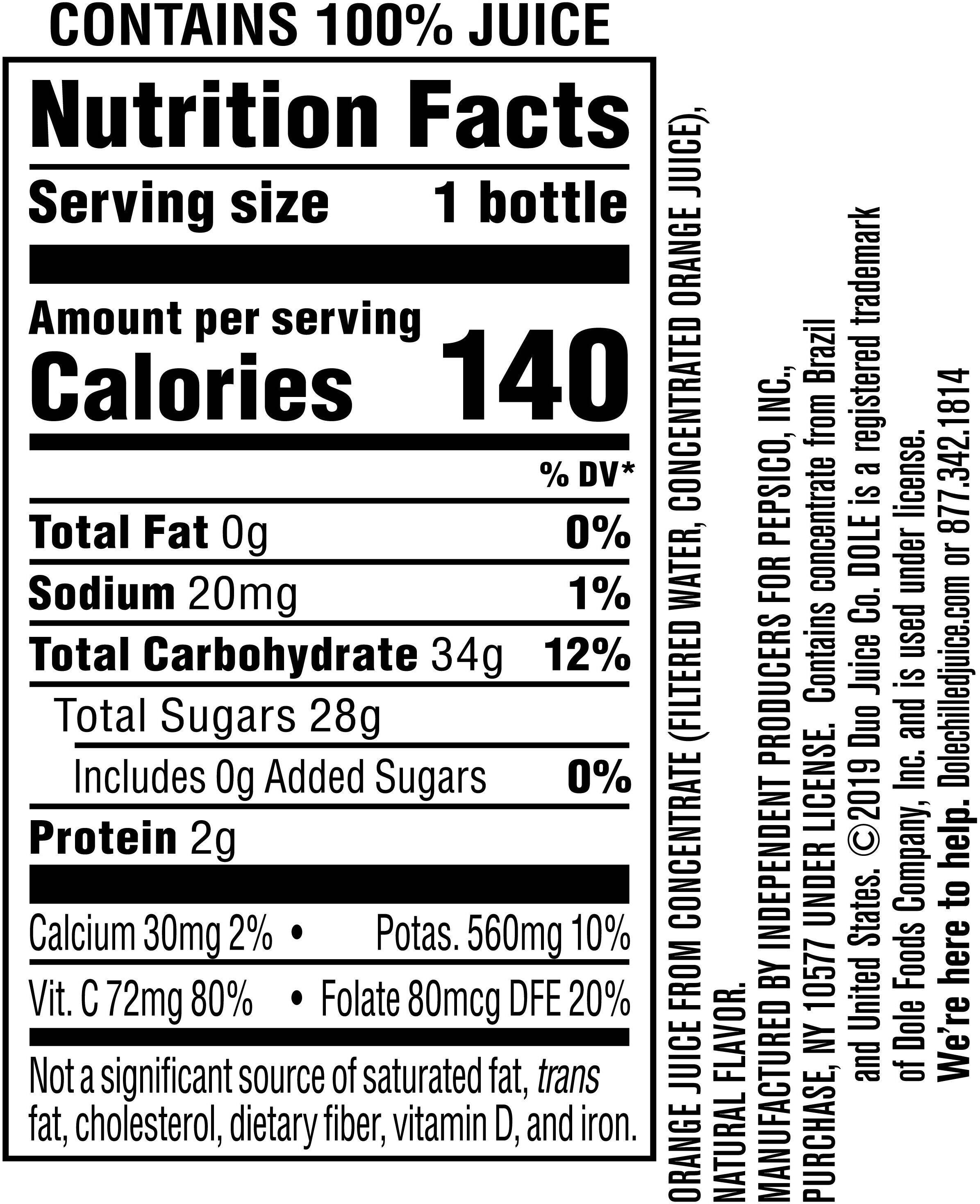 Image describing nutrition information for product Dole Plus Orange Juice
