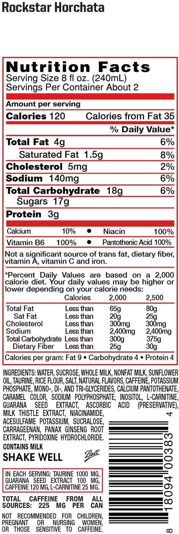 Image describing nutrition information for product Rockstar Horchata