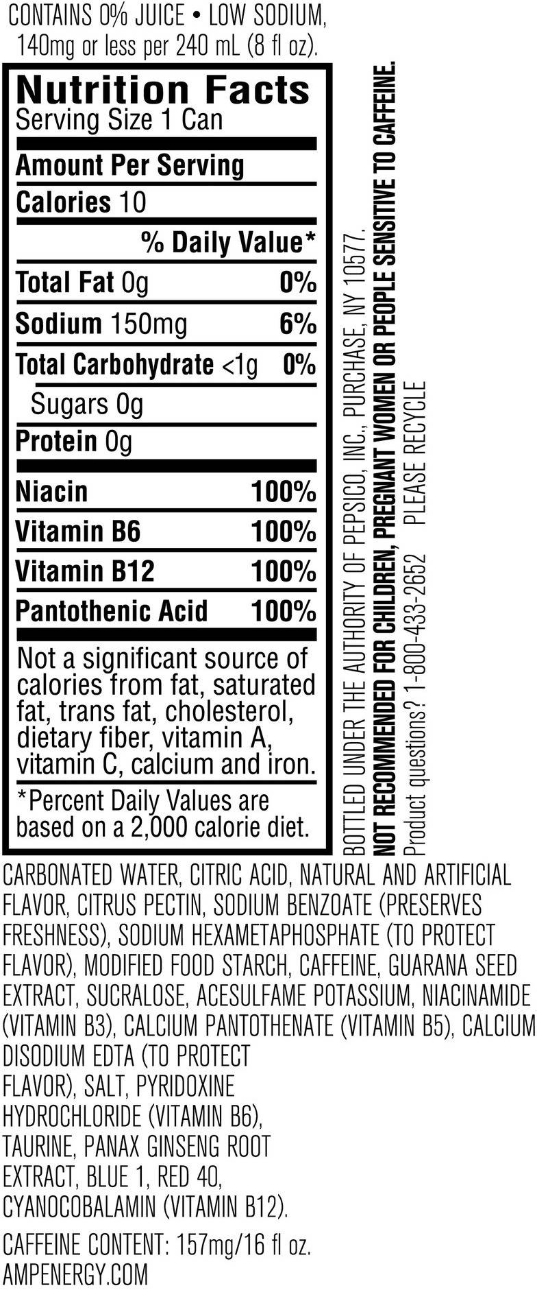 Image describing nutrition information for product AMP Energy Zero Blueberry White Grape