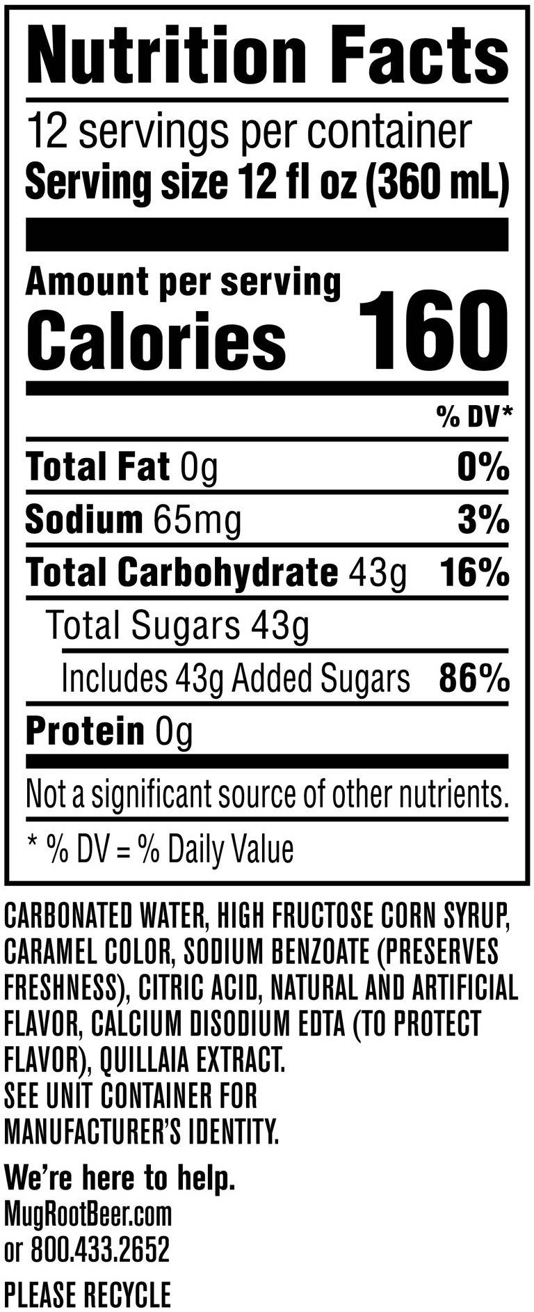 Image describing nutrition information for product Mug Root Beer (2/12 Packs)