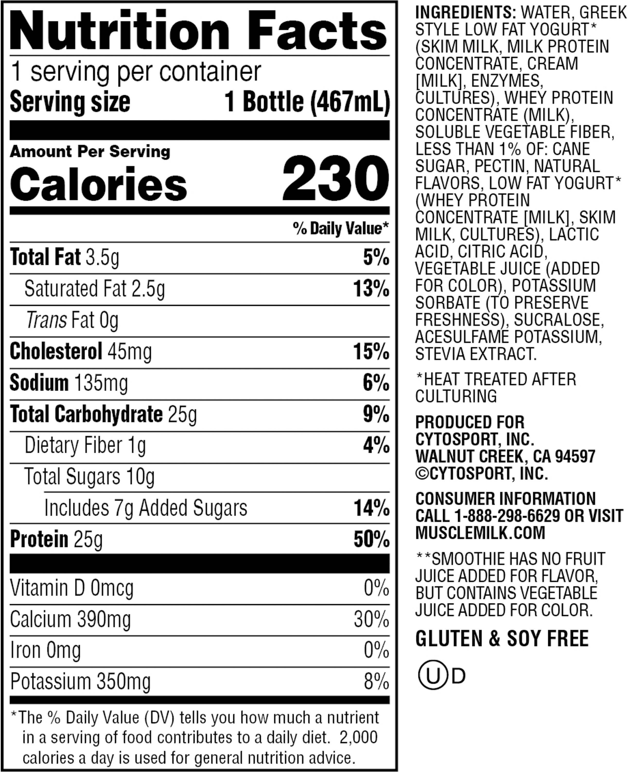 Image describing nutrition information for product Muscle Milk Smoothie Strawberry Banana