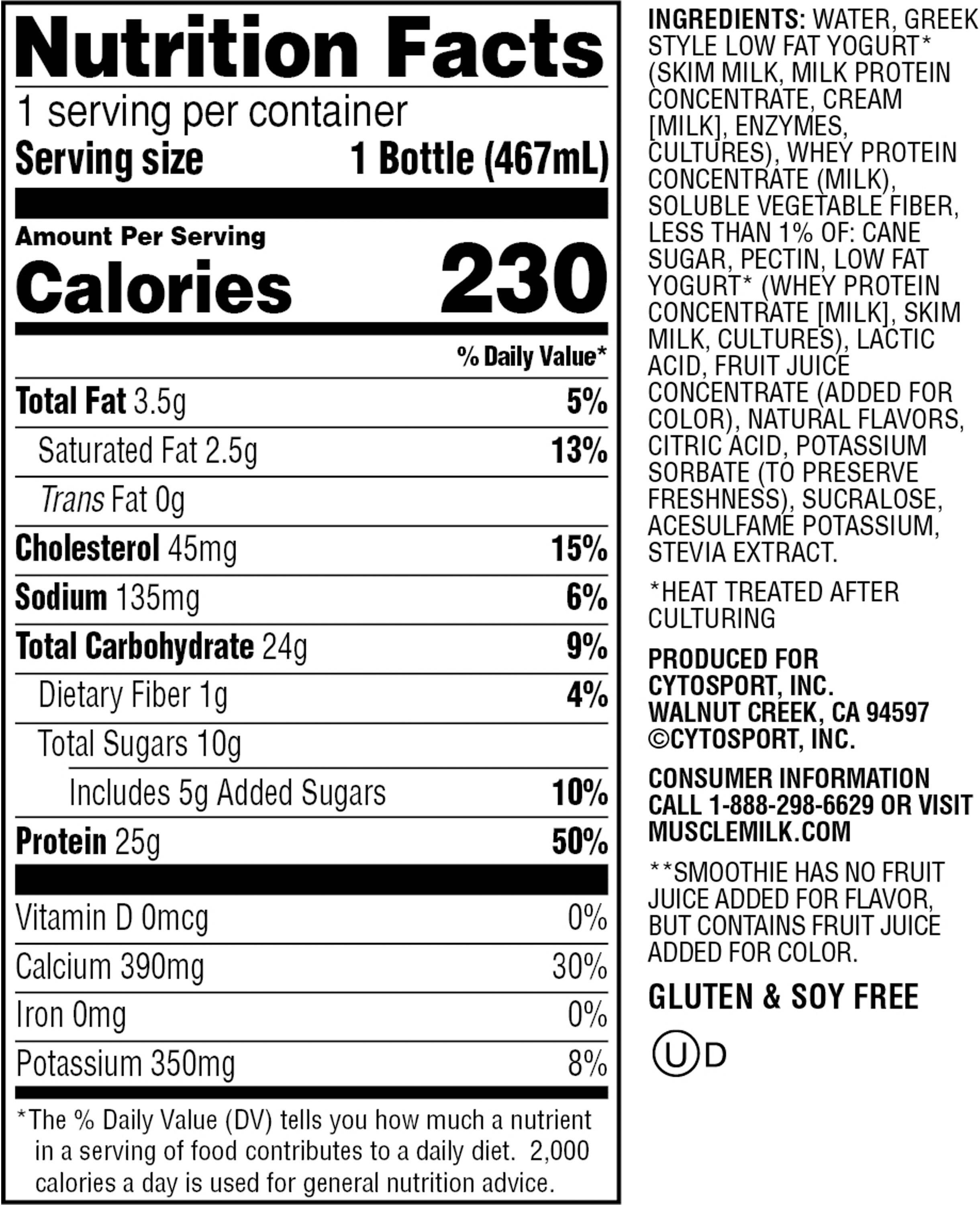 Image describing nutrition information for product Muscle Milk Smoothie Blueberry