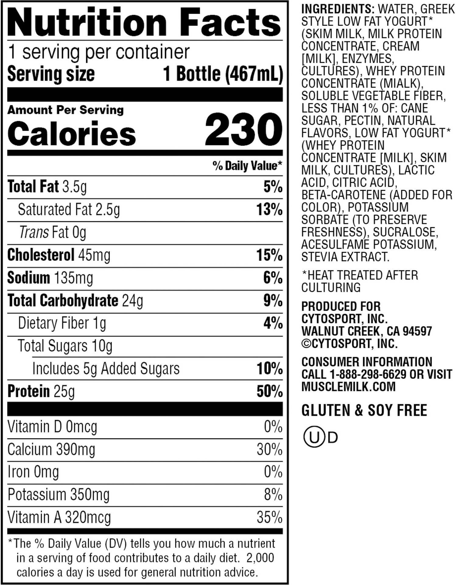 Image describing nutrition information for product Muscle Milk Smoothie Peach