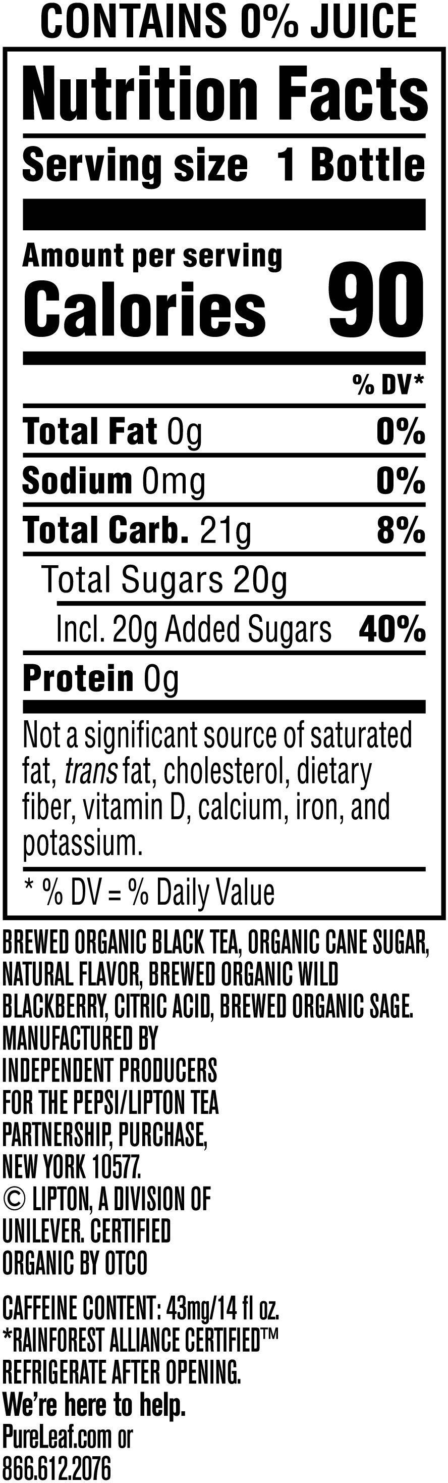 Image describing nutrition information for product Pure Leaf Organic Black Tea Wild Berry Sage