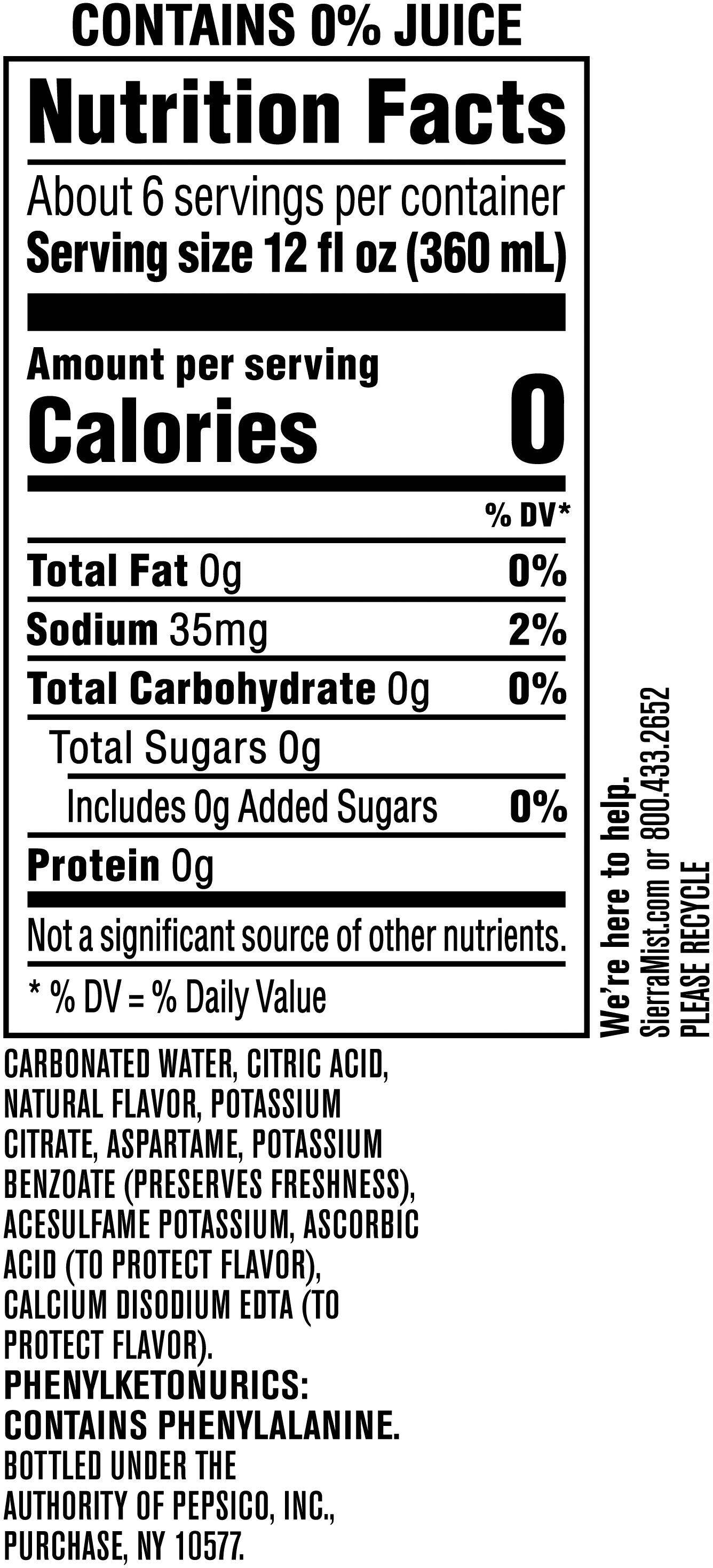 Image describing nutrition information for product Sierra Mist Zero Sugar