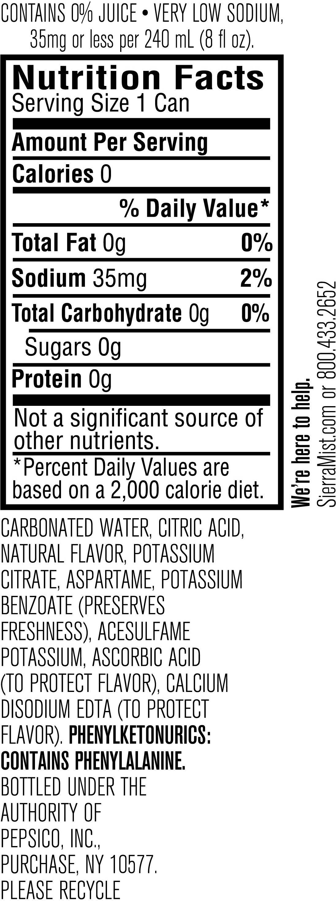 Image describing nutrition information for product Sierra Mist Zero Sugar (24pk Cube)