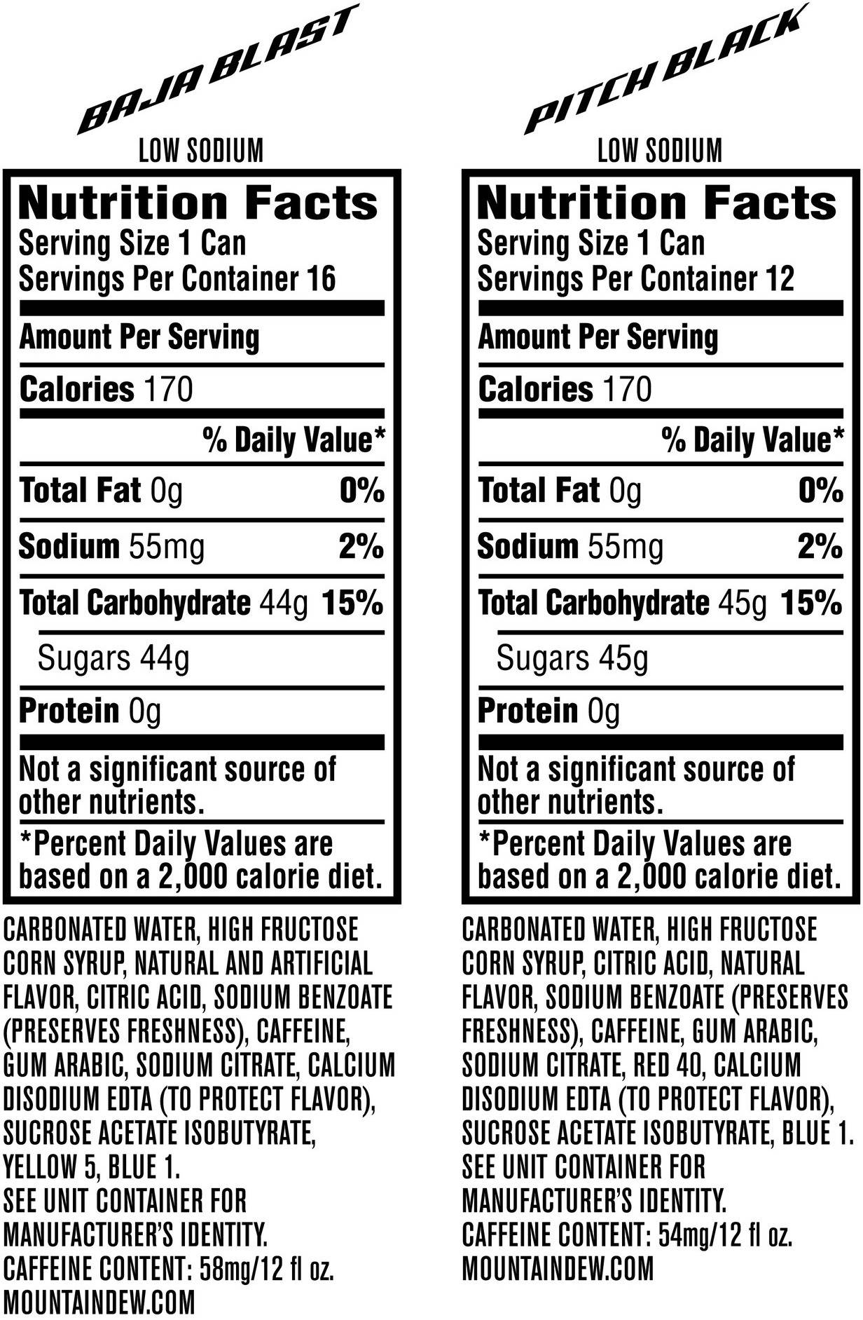 Image describing nutrition information for product Mtn Dew Baja Blast / Pitch Black (Variety)