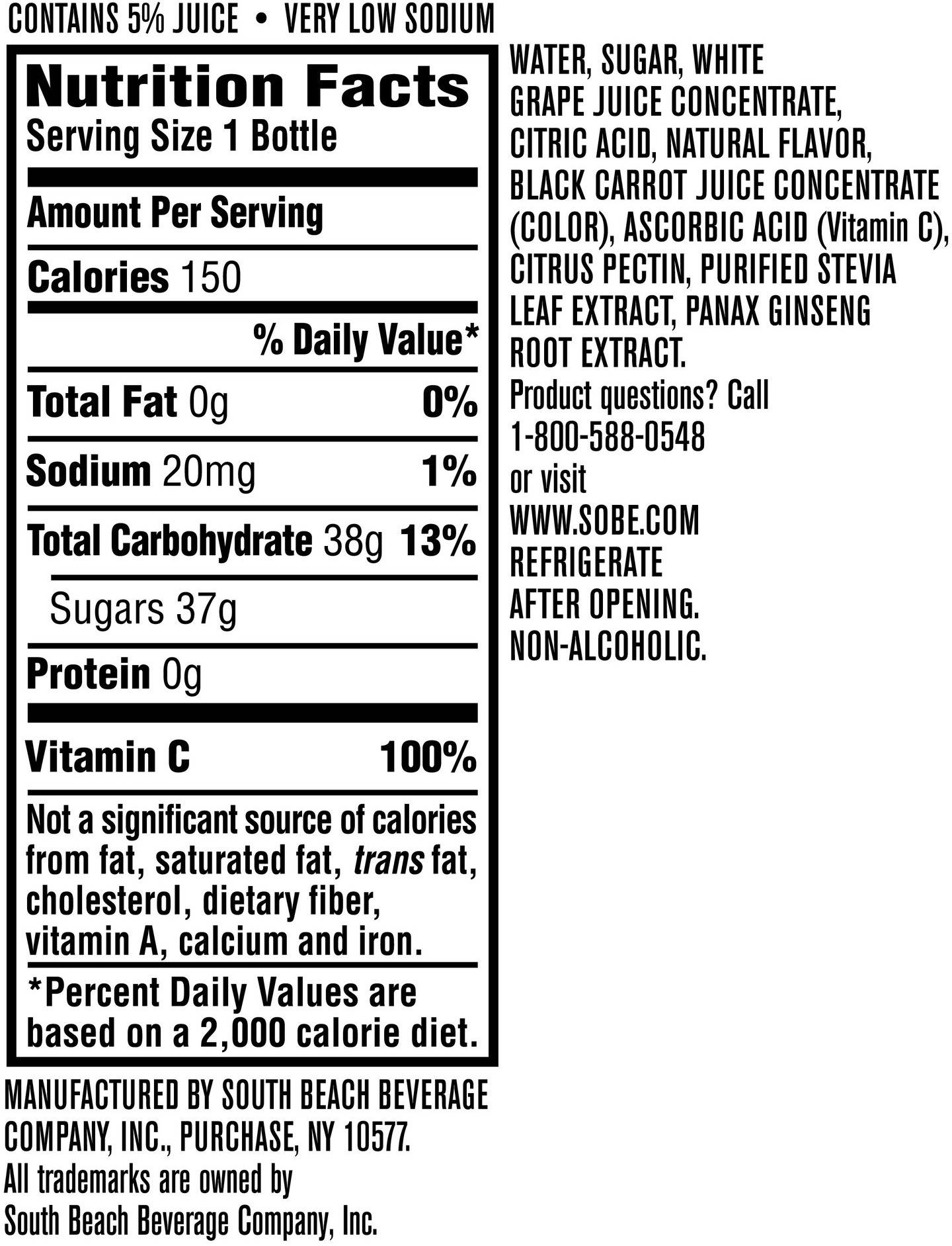 Image describing nutrition information for product SoBe Elixir Midnight Mojito