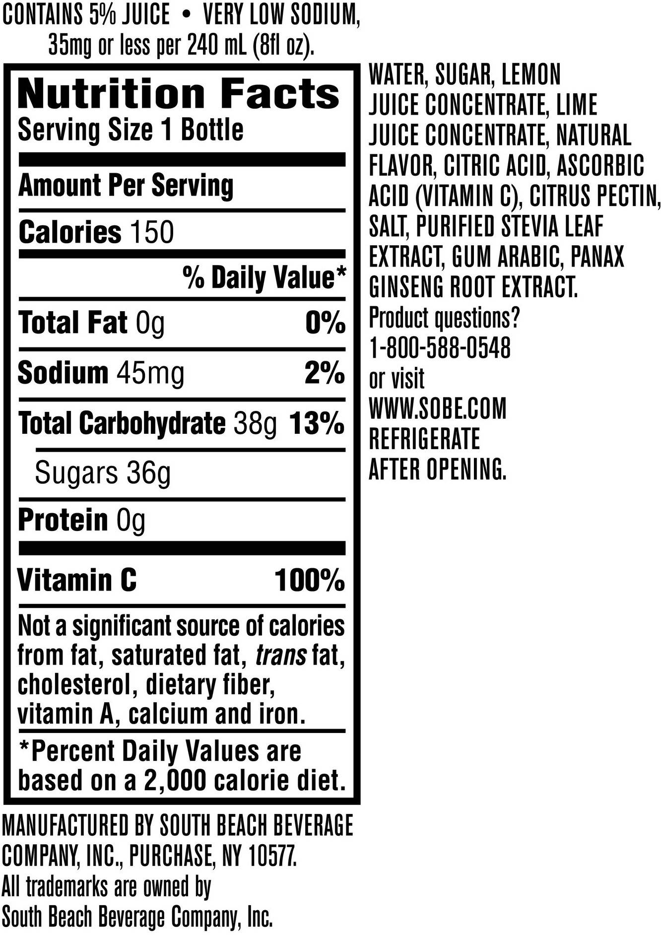 Image describing nutrition information for product SoBe Elixir En Fuego