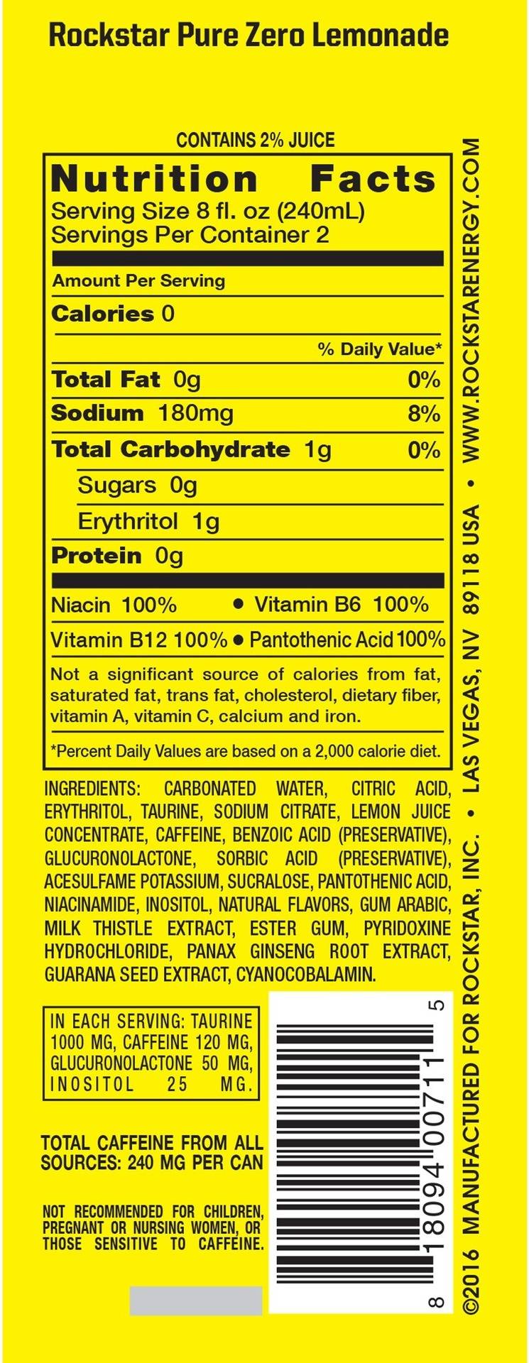 Image describing nutrition information for product Rockstar Pure Zero Lemonade