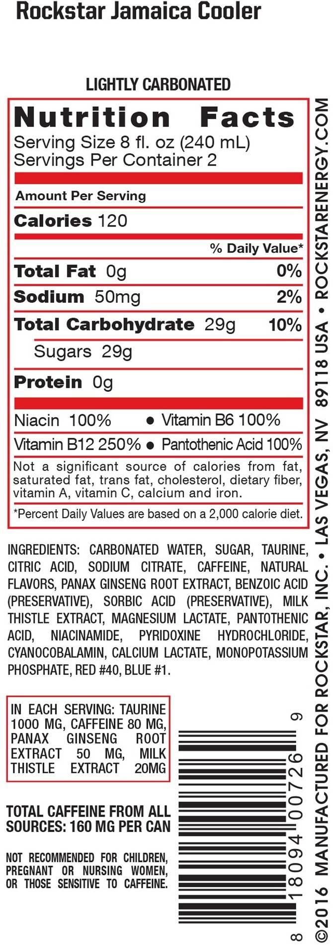 Image describing nutrition information for product Rockstar Jamaica Cooler