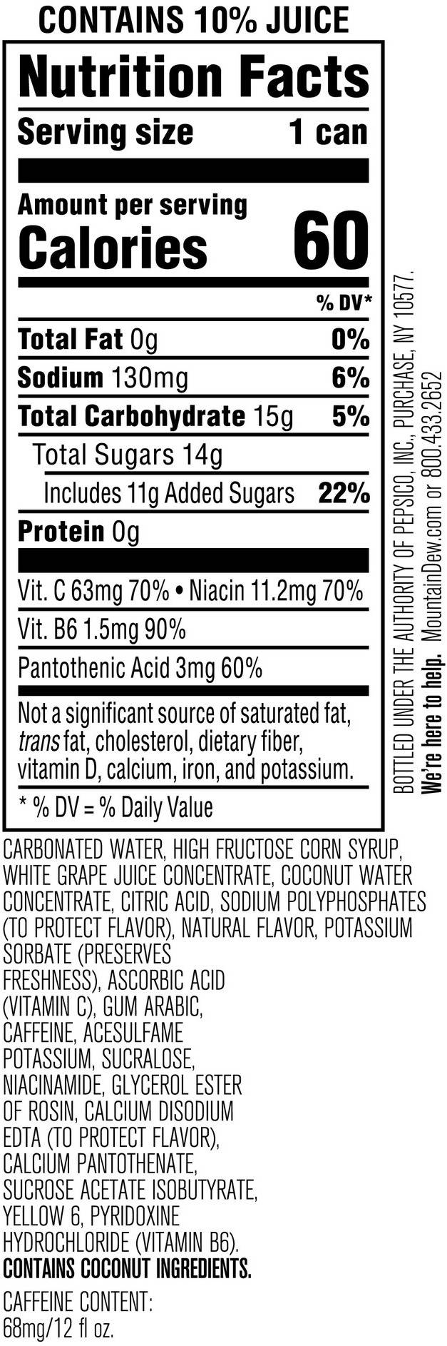 Image describing nutrition information for product Mtn Dew Kickstart Hydrating Boost Pineapple Orange Mango (E-comm)