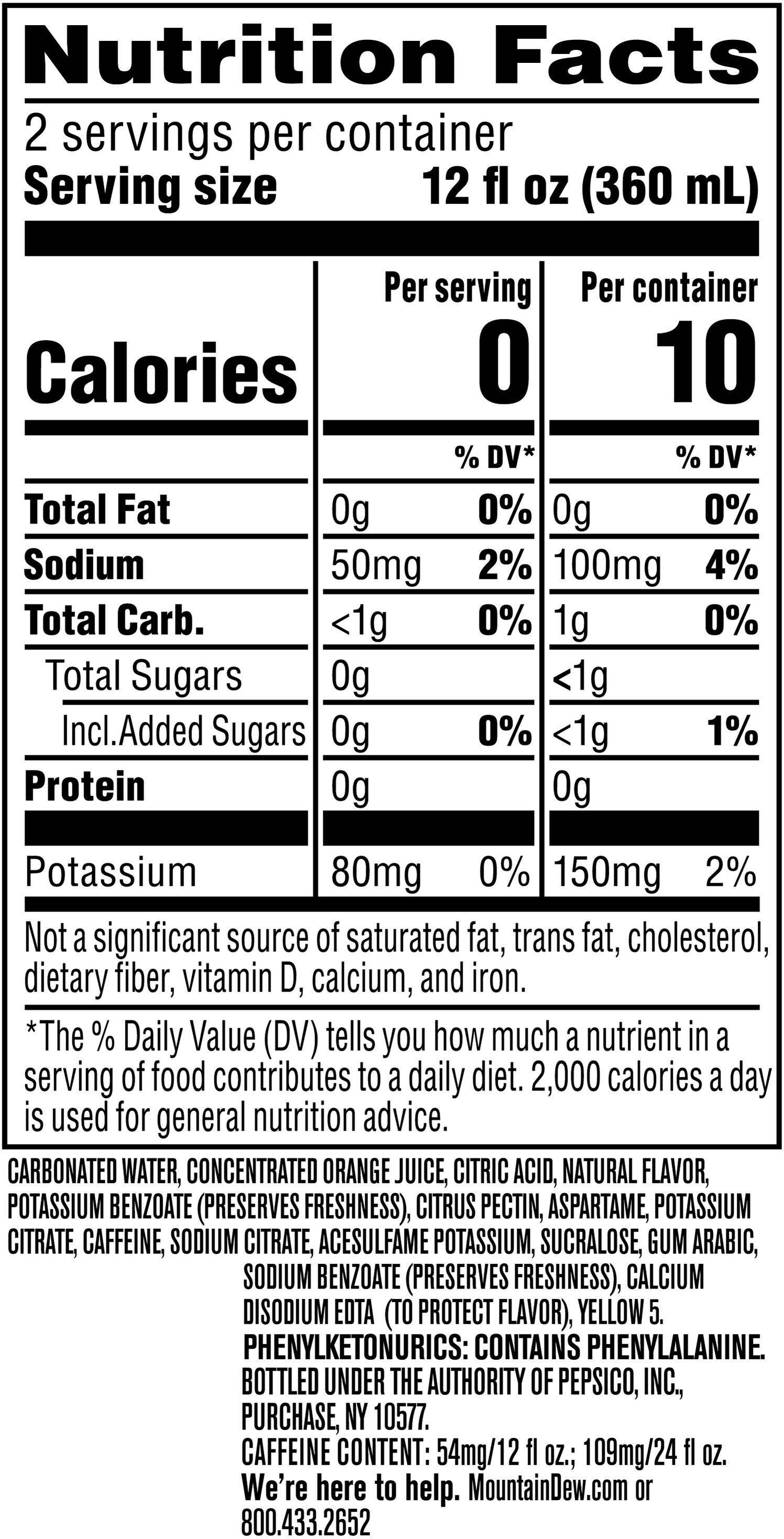 Image describing nutrition information for product Diet Mtn Dew