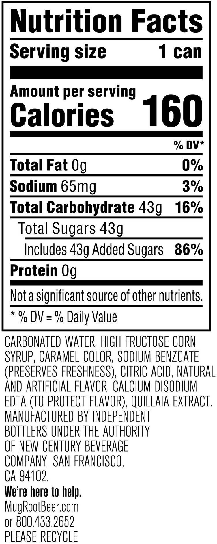 Image describing nutrition information for product Mug Root Beer (4/6 Packs)