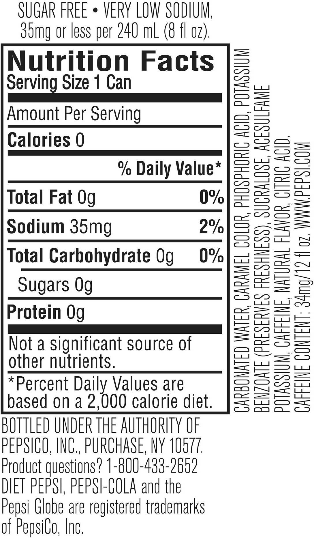Image describing nutrition information for product Diet Pepsi (4/6 Packs)