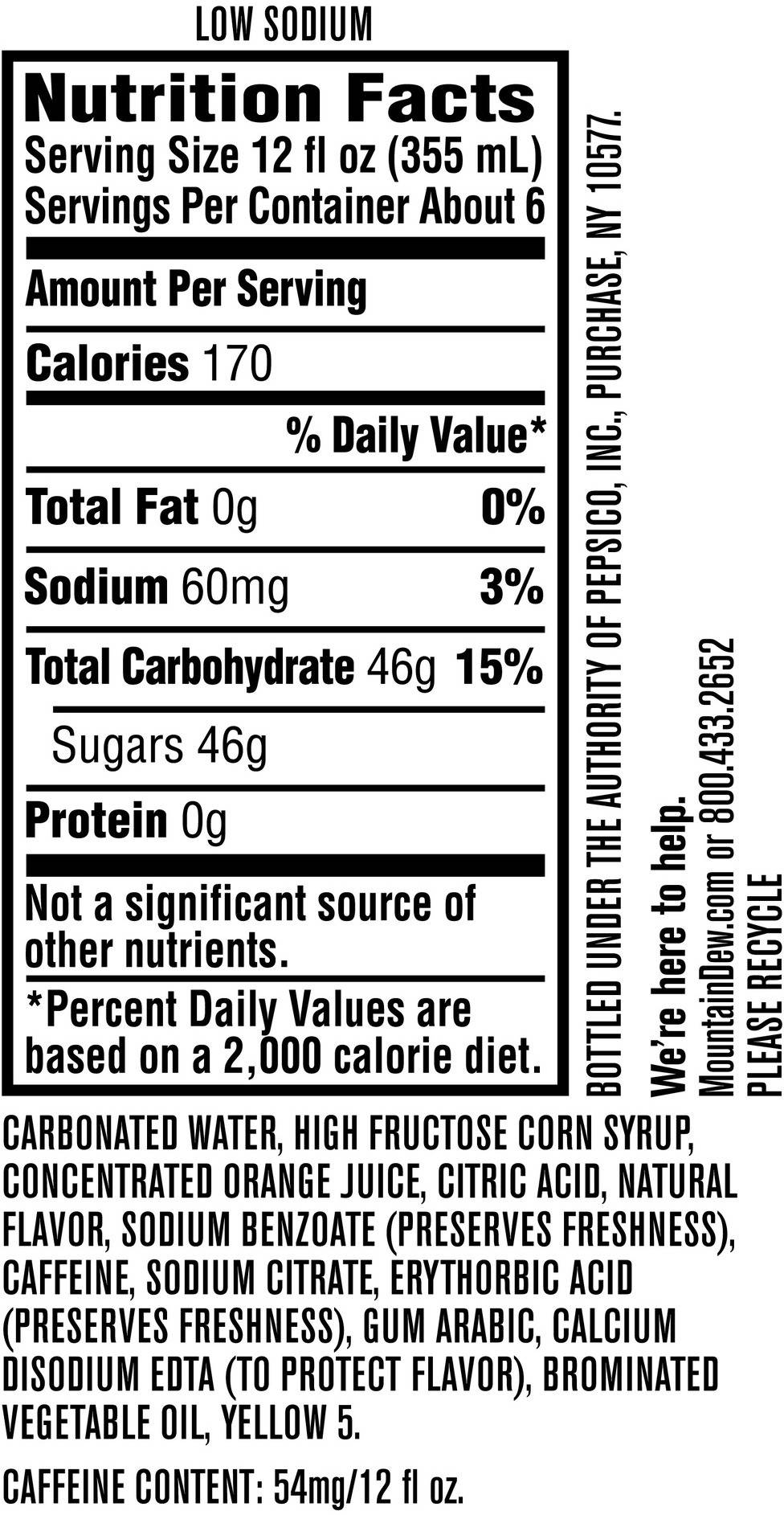 Image describing nutrition information for product Mtn Dew (Sam's Club)