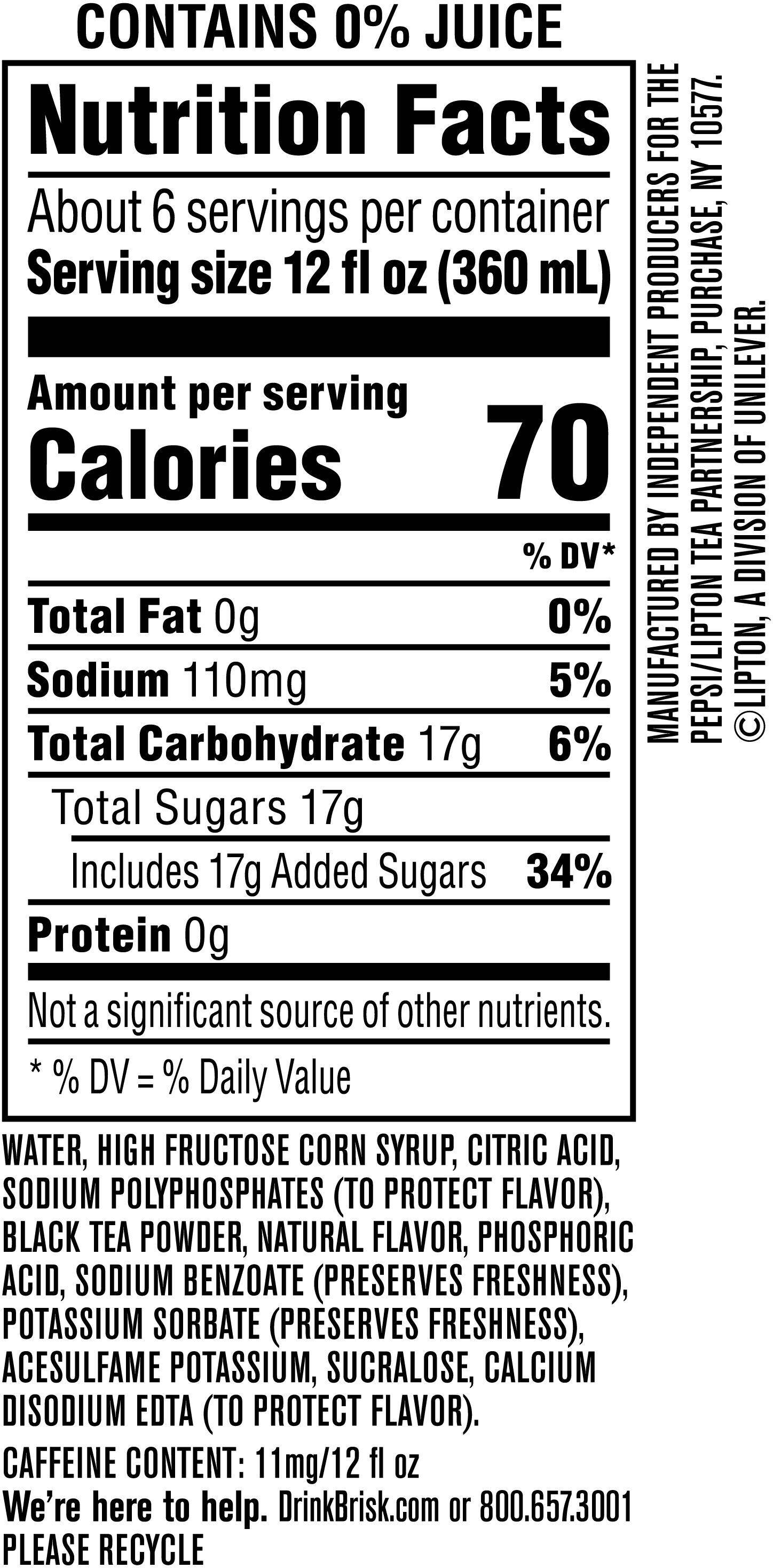 Image describing nutrition information for product Brisk Iced Tea Lemon