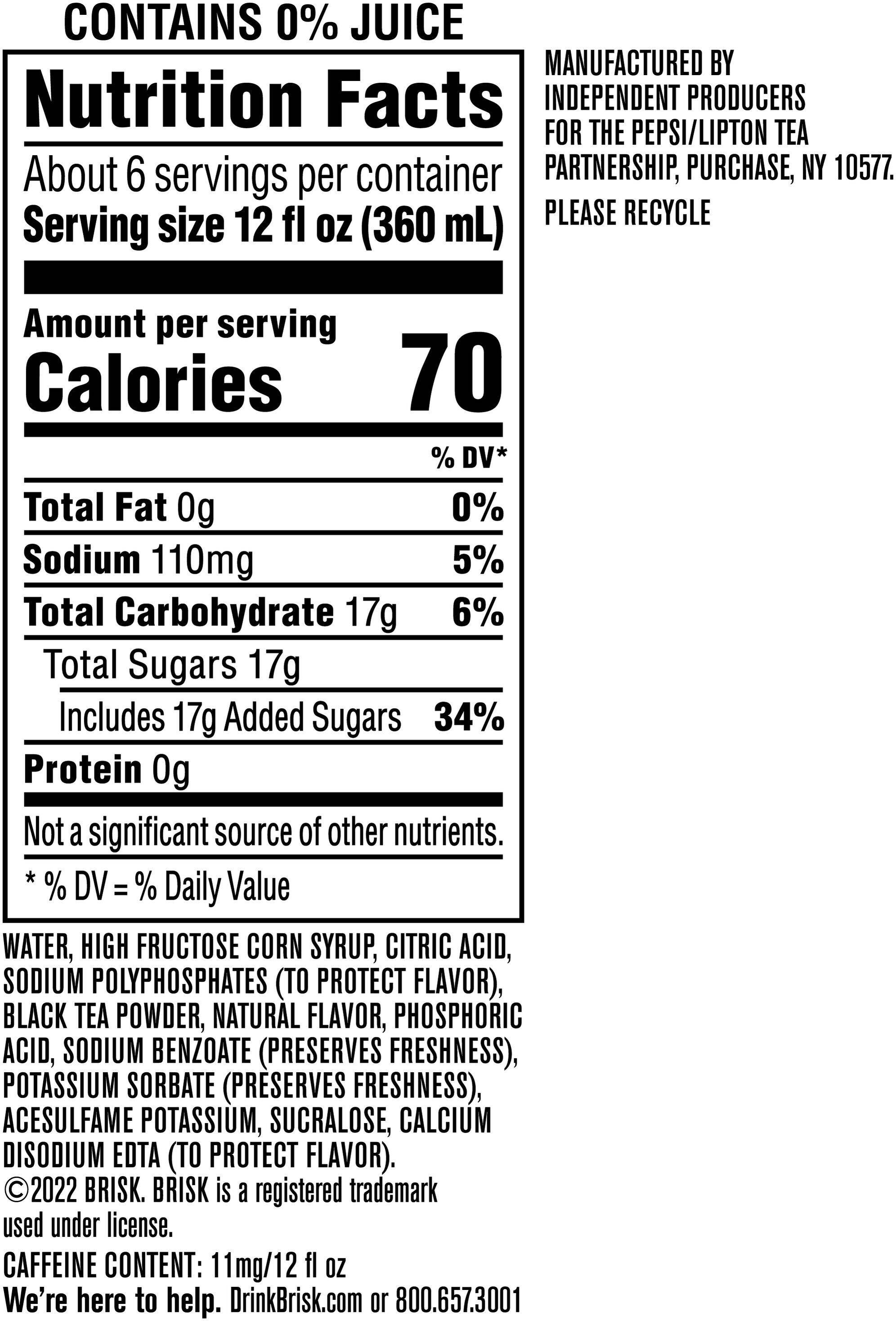 Image describing nutrition information for product Brisk Iced Tea Lemon