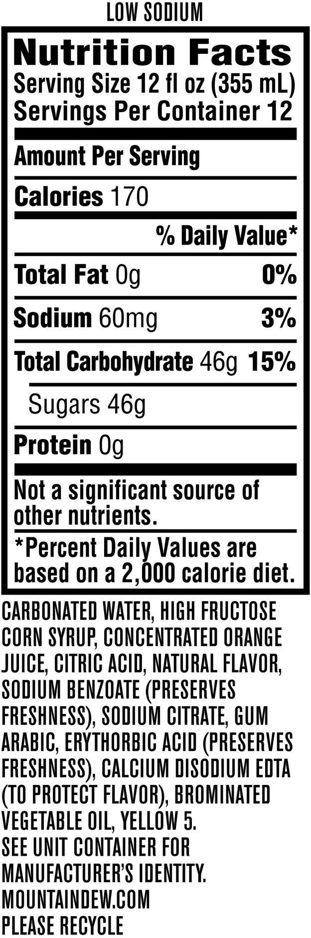 Image describing nutrition information for product Caffeine Free Mtn Dew (2/12 Packs)